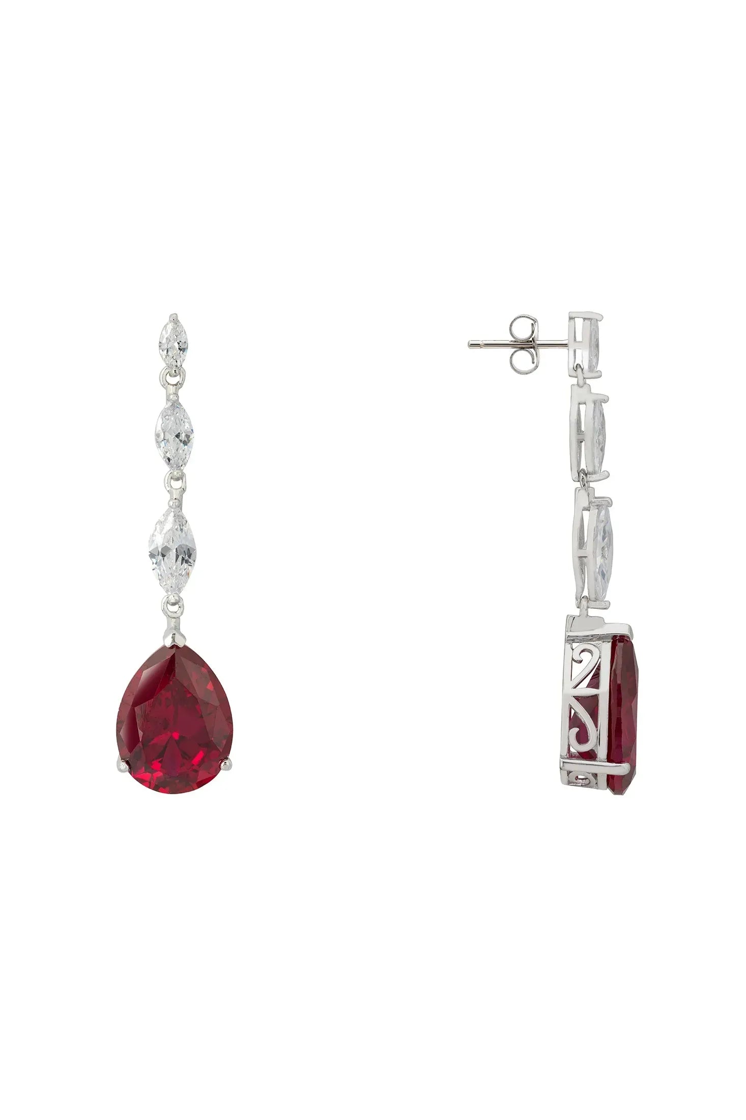 Angled view of Zara Teardrop Ruby Gemstone Earrings Silver, showing ruby detailing, silver finish and the jewellery profile.