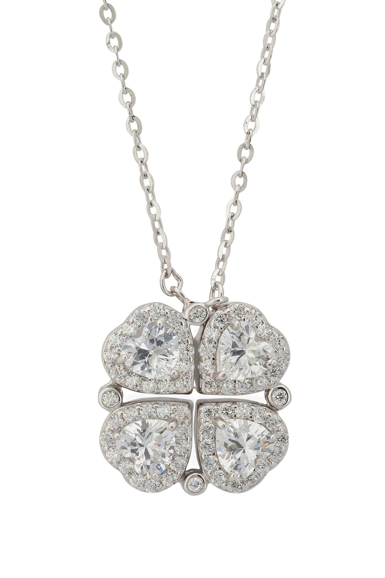 Front view of Love And Luck Convertible Necklace Silver, showing clover design, silver finish.