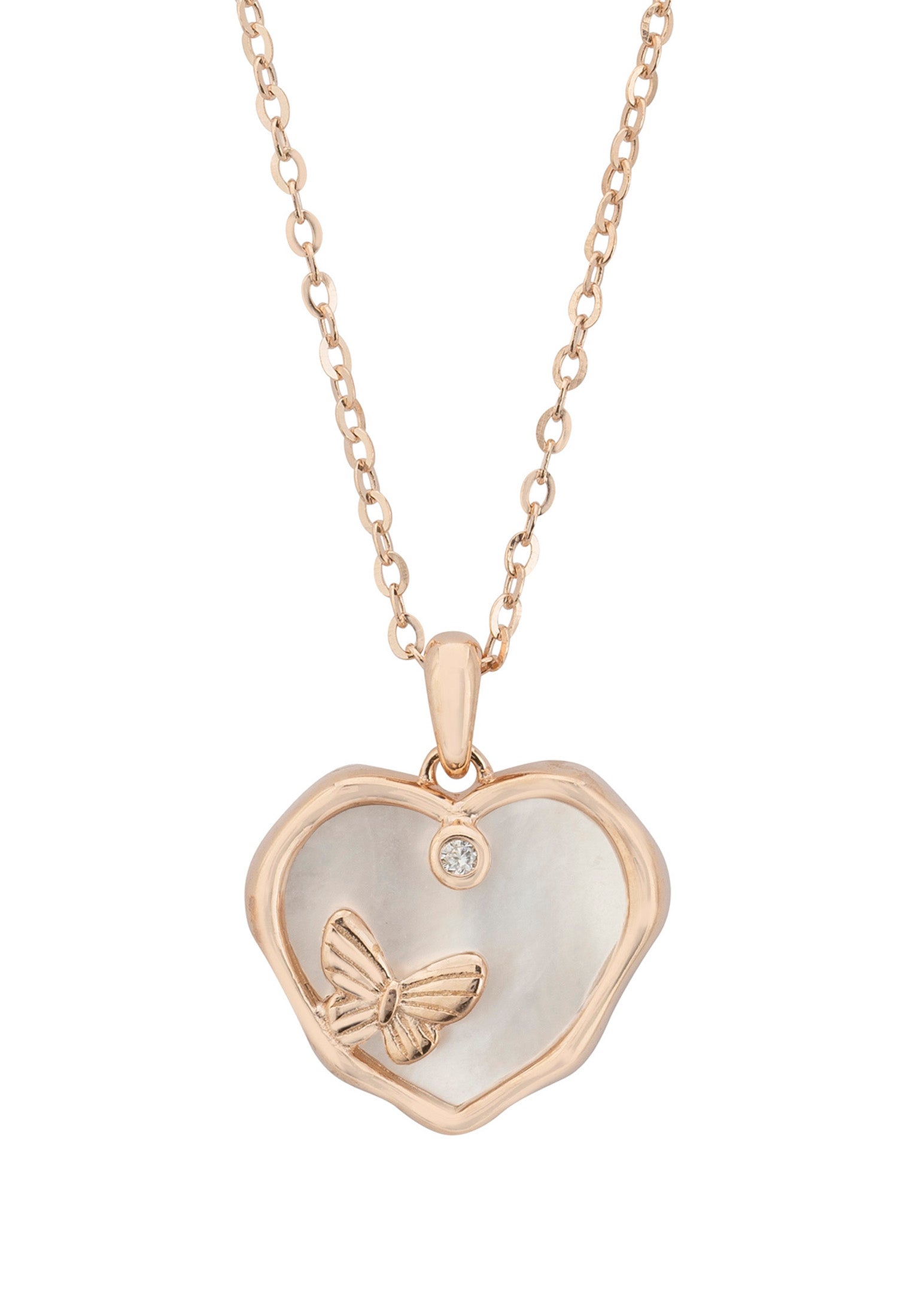 Butterfly Heart Mother Of Pearl Pendant Necklace Rosegold