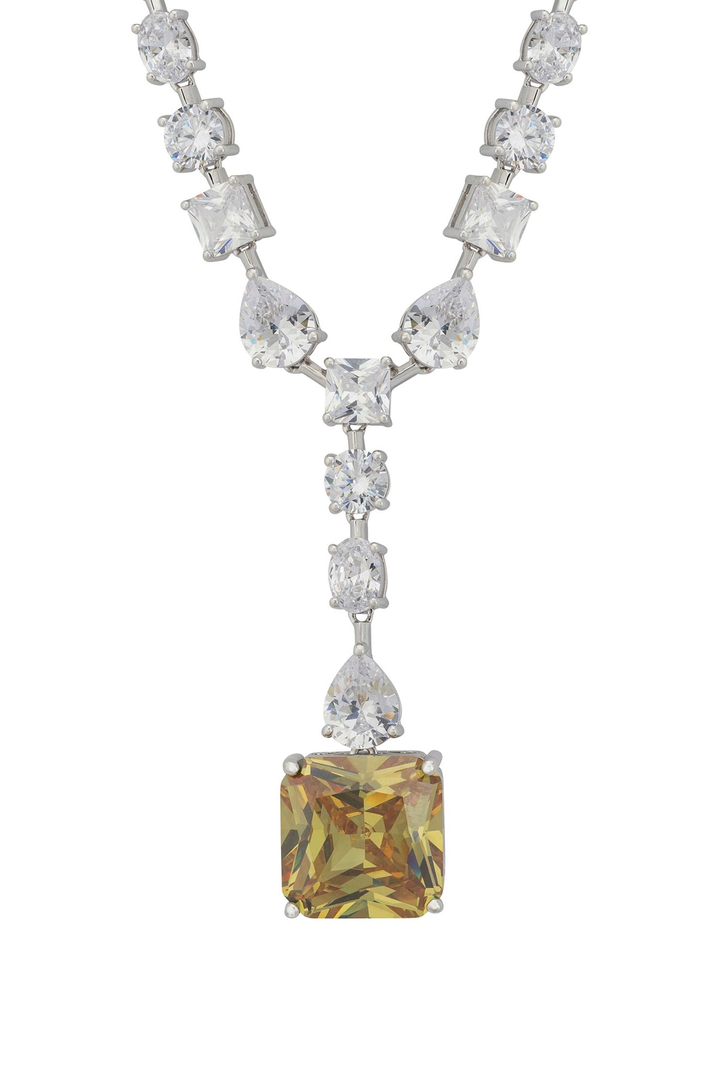 Front view of Penelope Peridot Statement Necklace Silver, showing heart design, peridot detailing, silver finish.
