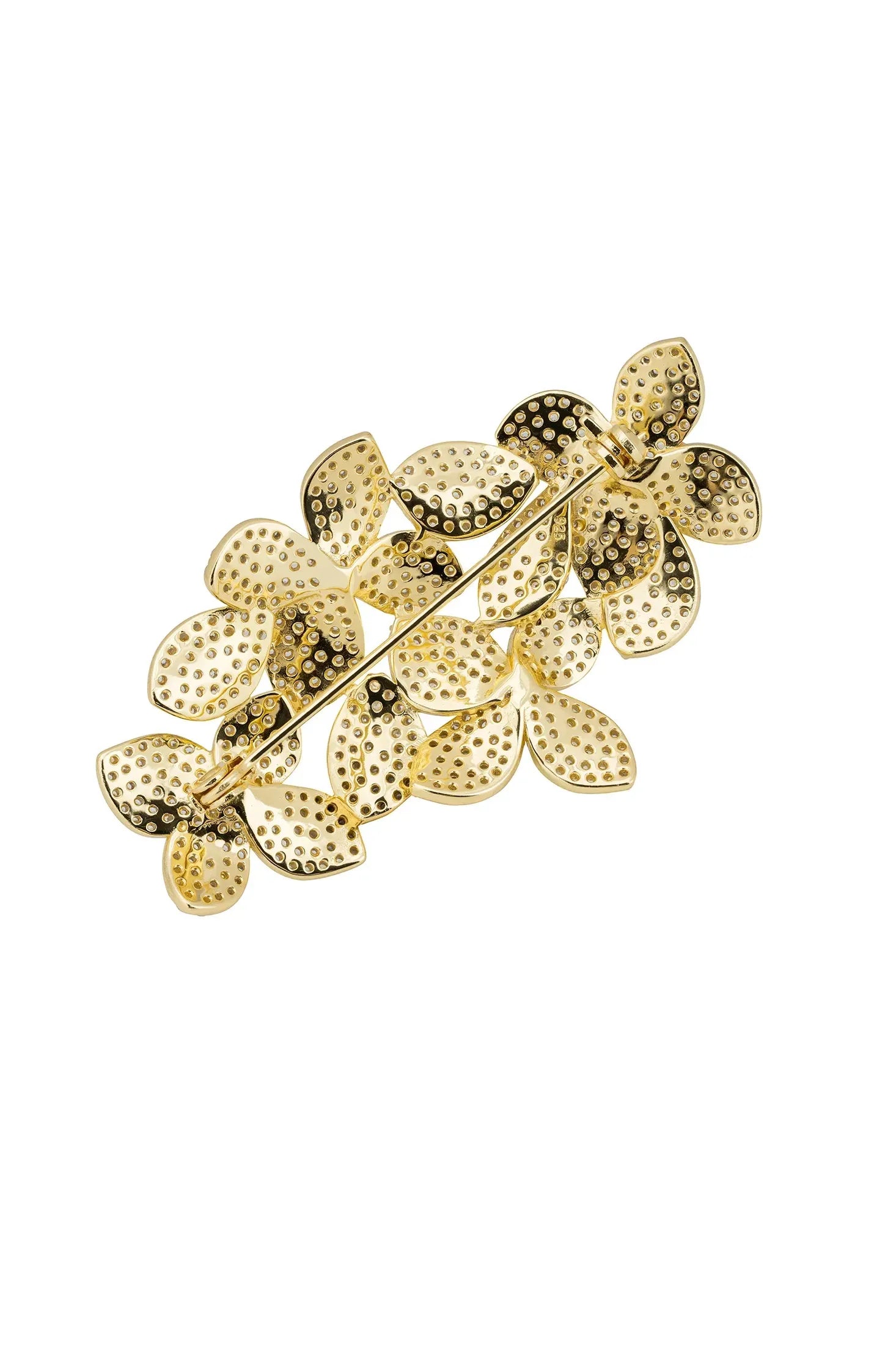 Angled view of Petal Cascading Flower Brooch Gold, showing flower design, gold finish and the jewellery profile.