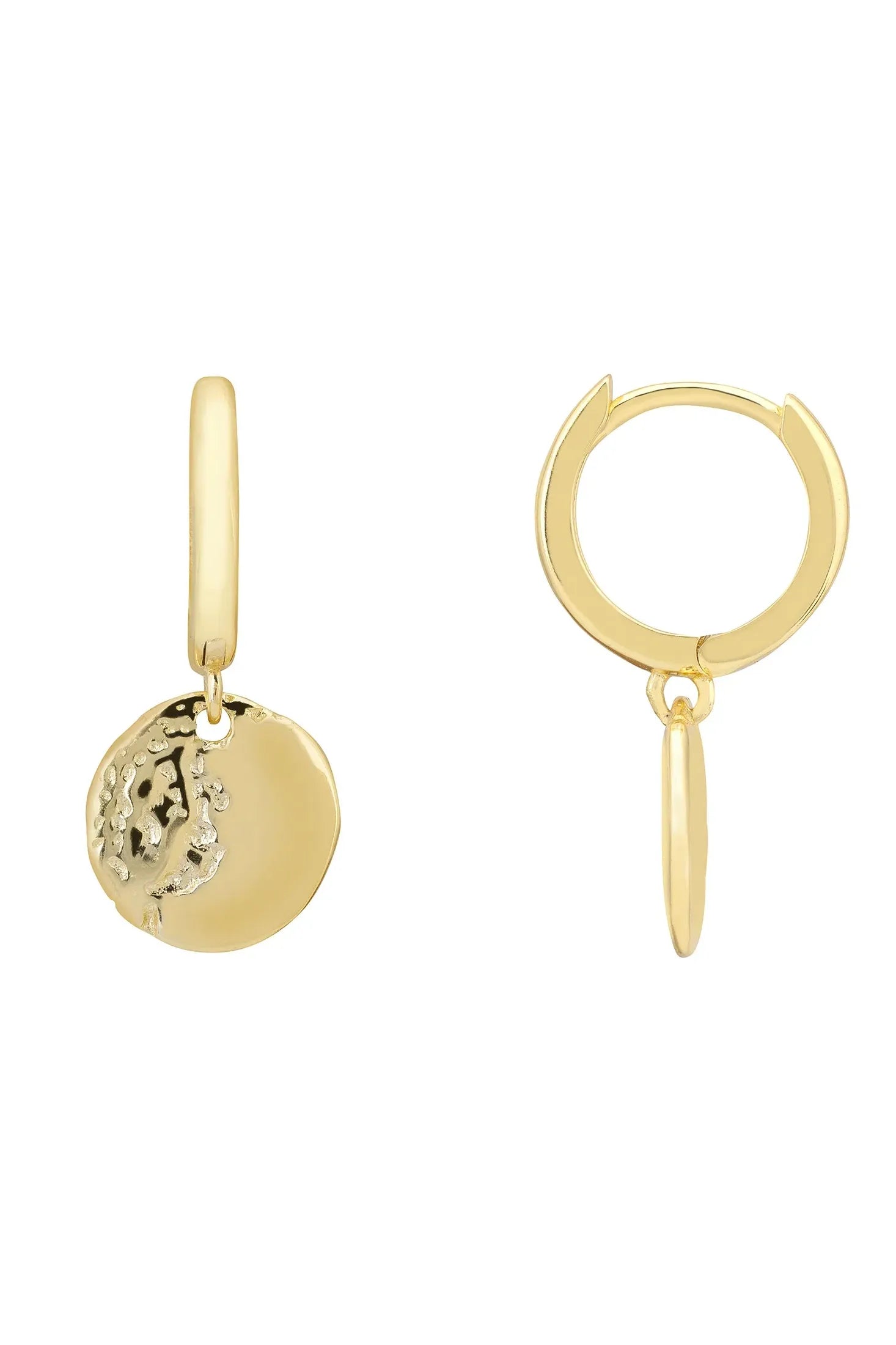 Angled view of Lunar Moon Huggie Hoop Earrings Gold, showing moon design, gold finish and the jewellery profile.