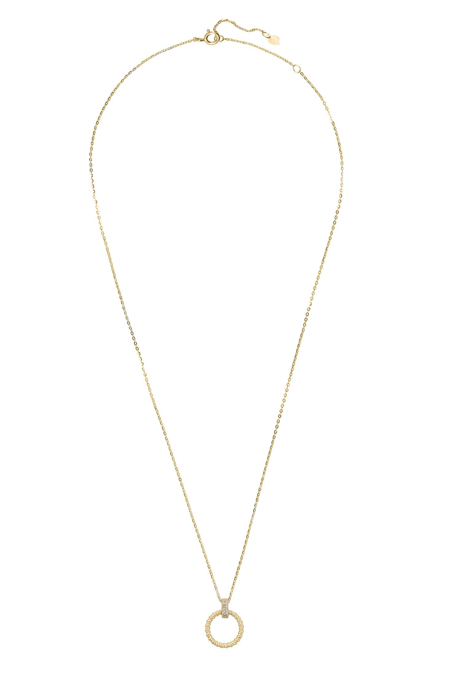 Angled view of Halo Eternal Bond Pendant Necklace Gold, showing gold finish and the jewellery profile.