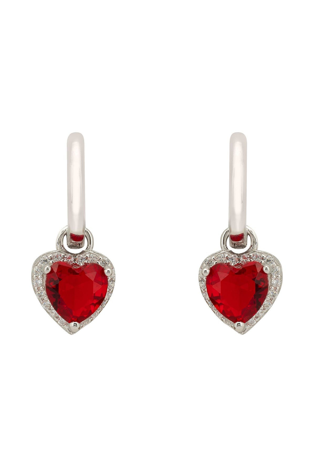 Front view of Cupids Sparkle Ruby Heart Drop Earrings Silver, showing heart design, cubic zirconia and zirconia detailing, silver finish.