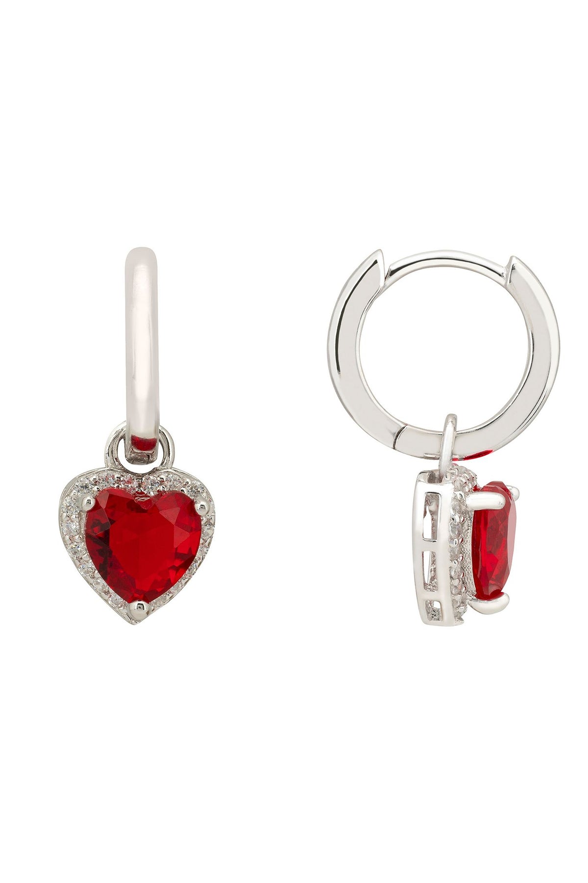 Angled view of Cupids Sparkle Ruby Heart Drop Earrings Silver, showing heart design, ruby detailing, silver finish and the jewellery profile.