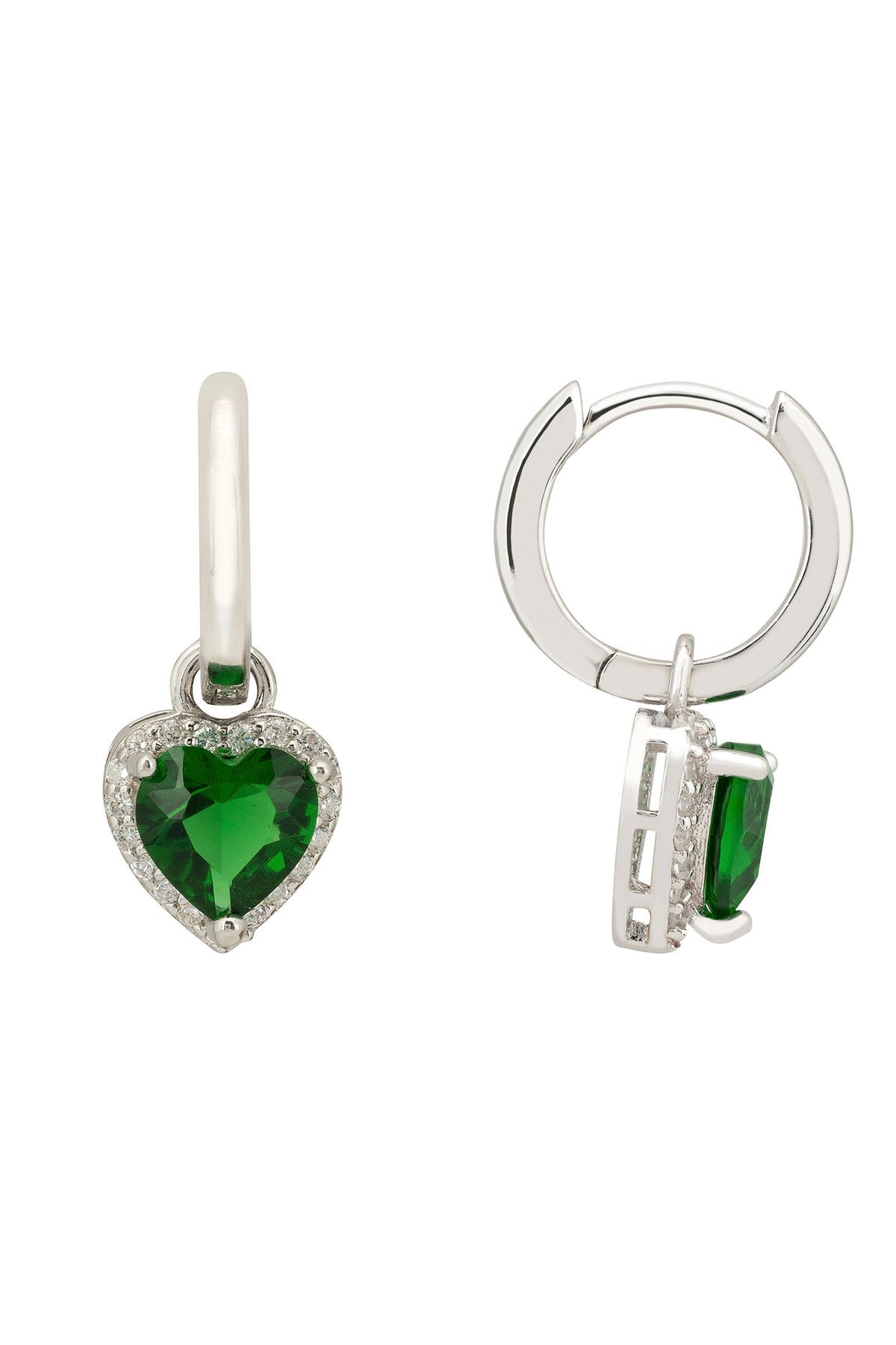 Angled view of Cupids Sparkle Emerald Heart Drop Earrings Silver, showing heart design, emerald detailing, silver finish and the jewellery profile.