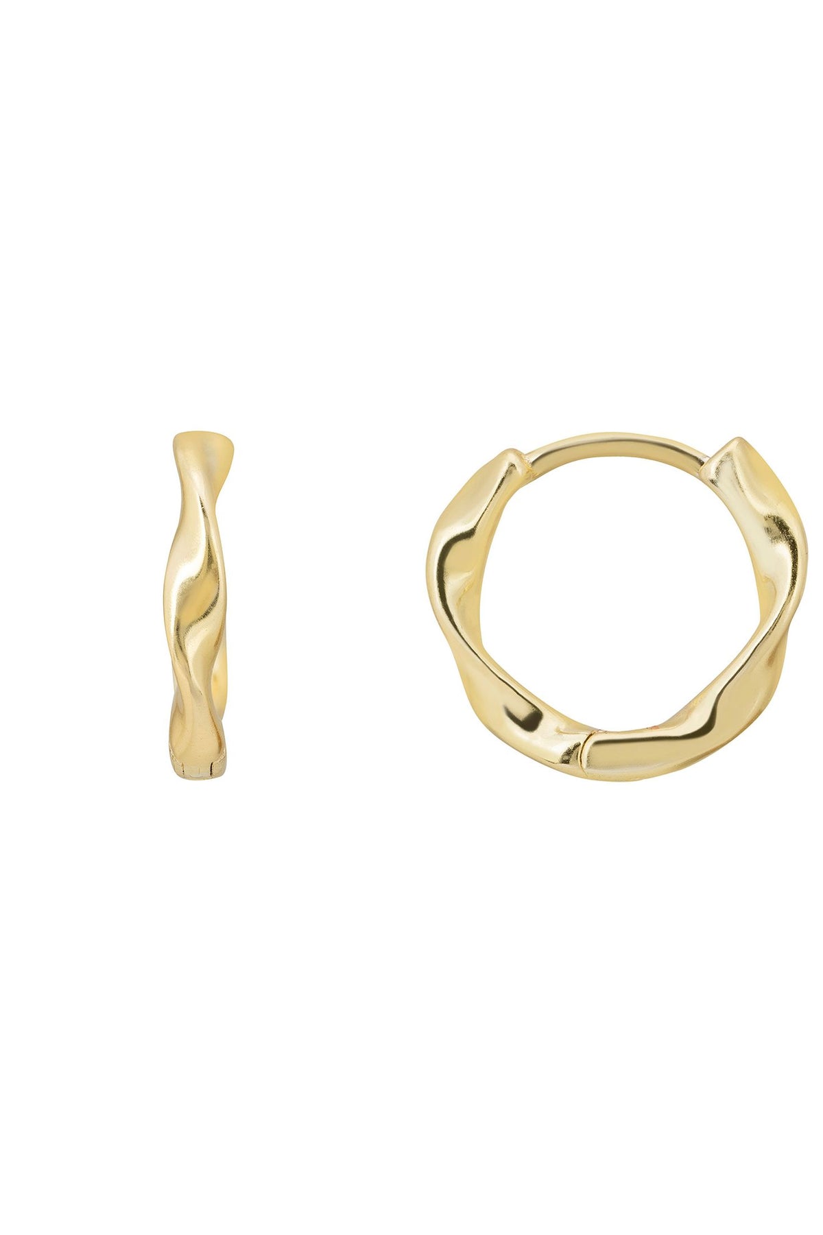 Angled view of Ripple Mini Hoop Earrings Gold, showing gold finish and the jewellery profile.