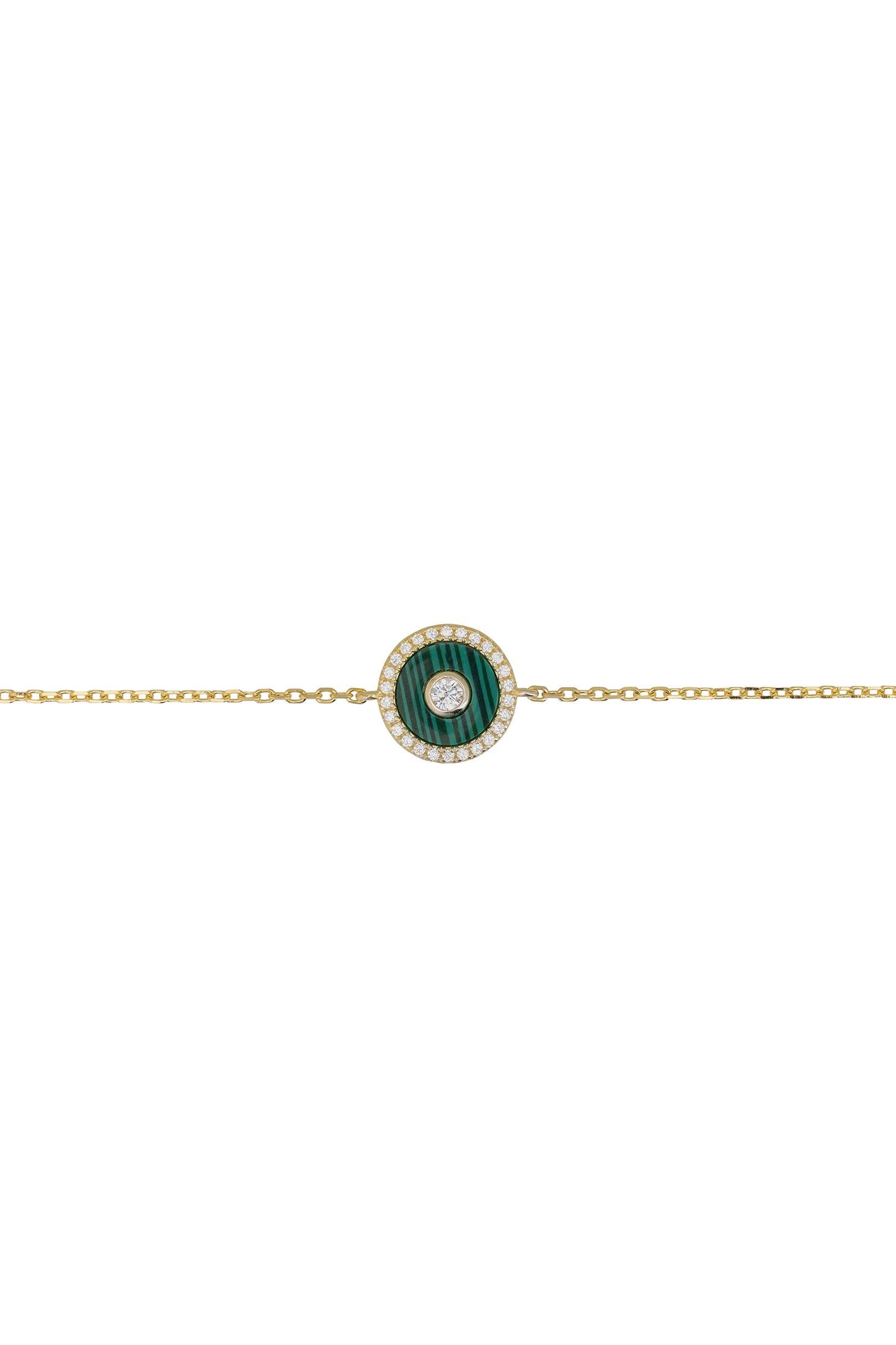 Angled view of Mystique Amulet Malachite Bracelet Gold, showing malachite detailing, gold finish and the jewellery profile.