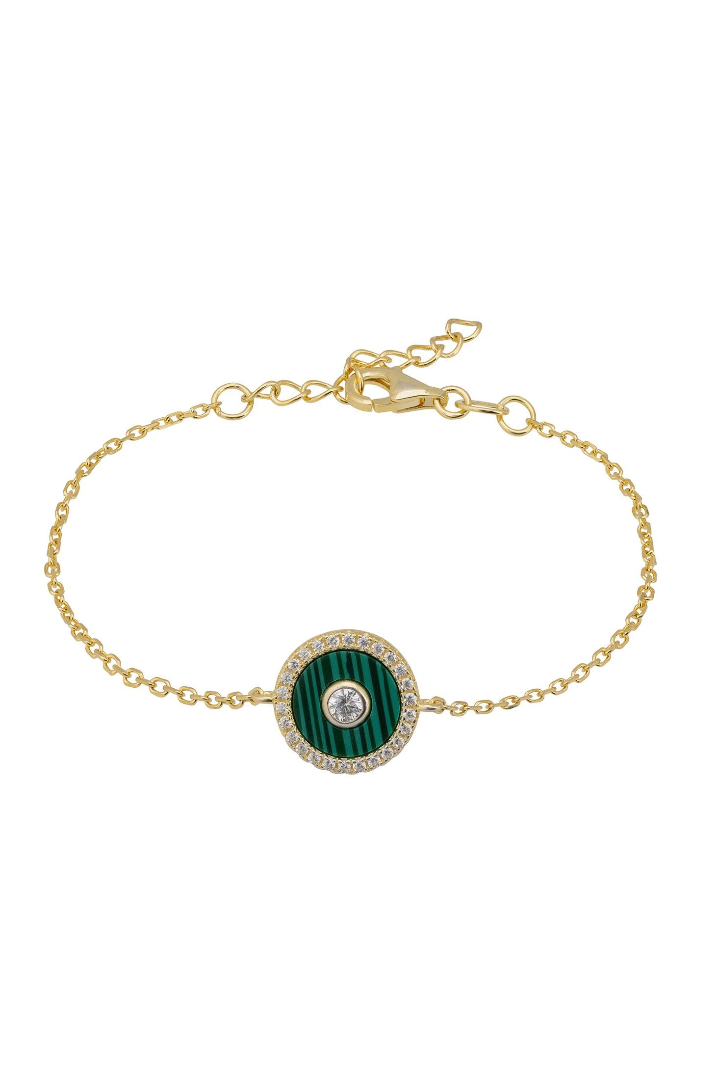 Front view of Mystique Amulet Malachite Bracelet Gold, showing evil eye design, cubic zirconia and zirconia detailing, gold finish.
