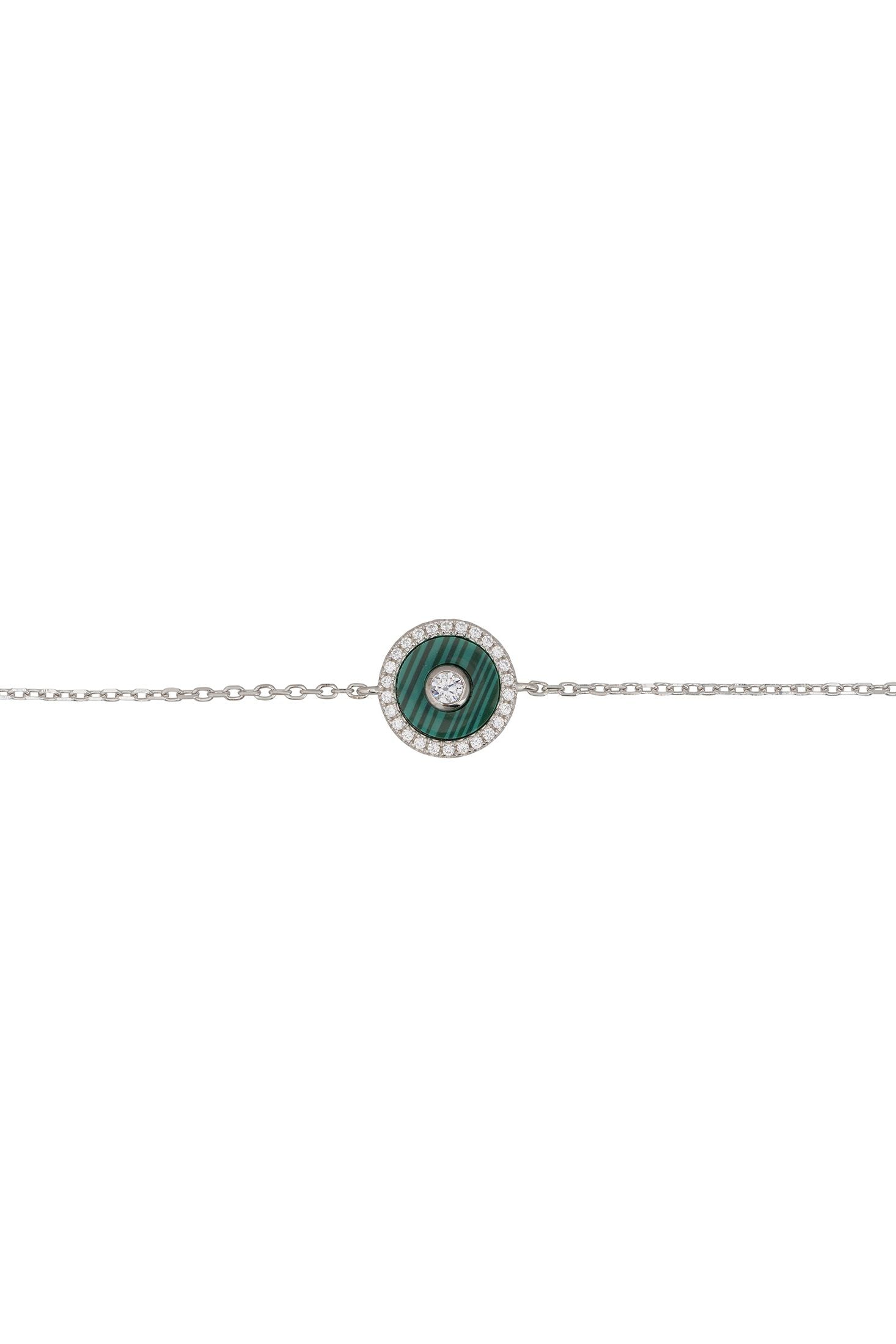 Angled view of Mystique Amulet Malachite Bracelet Silver, showing malachite detailing, silver finish and the jewellery profile.
