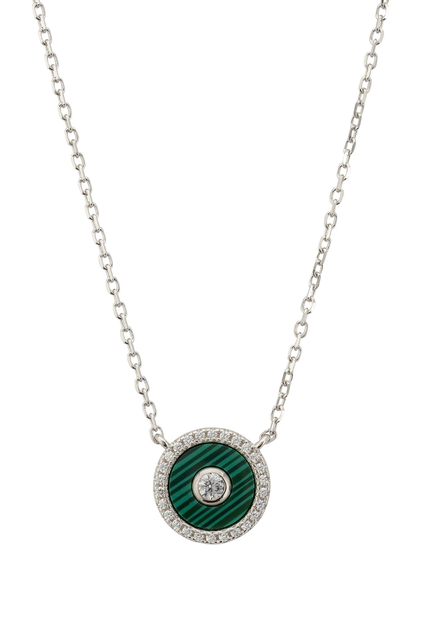 Front view of Mystique Amulet Malachite Pendant Necklace Silver, showing evil eye design, cubic zirconia and zirconia detailing, silver finish.