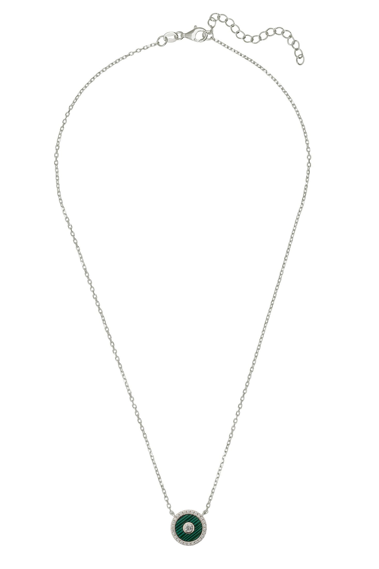 Angled view of Mystique Amulet Malachite Pendant Necklace Silver, showing malachite detailing, silver finish and the jewellery profile.