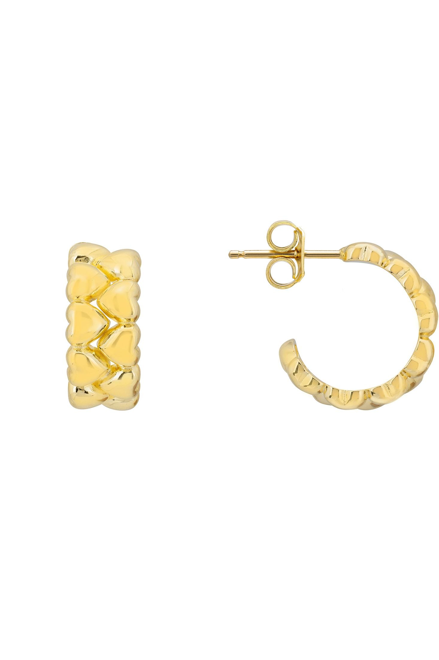 Angled view of Heartfelt Embrace Hoop Earrings Gold, showing heart design, gold finish and the jewellery profile.