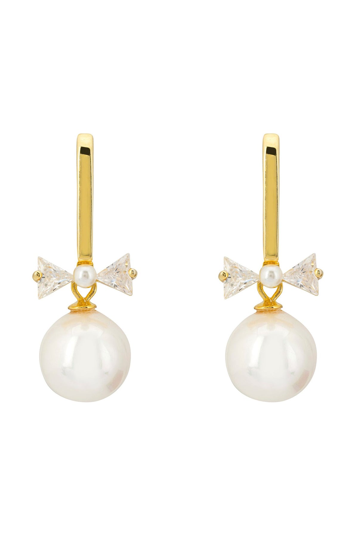 Front view of Paris Pearl Drop Earrings Gold, showing heart design, pearl detailing, gold finish.