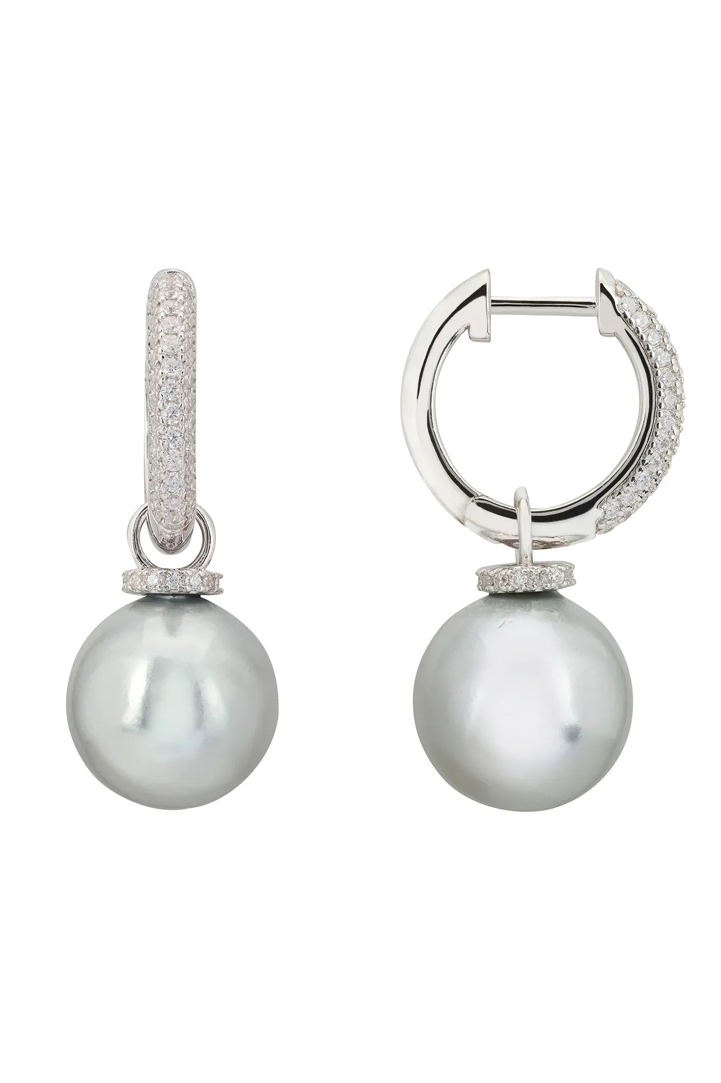 Angled view of Twilight Whisper Hoop Earrings Grey Pearl Silver, showing pearl detailing, silver finish and the jewellery profile.