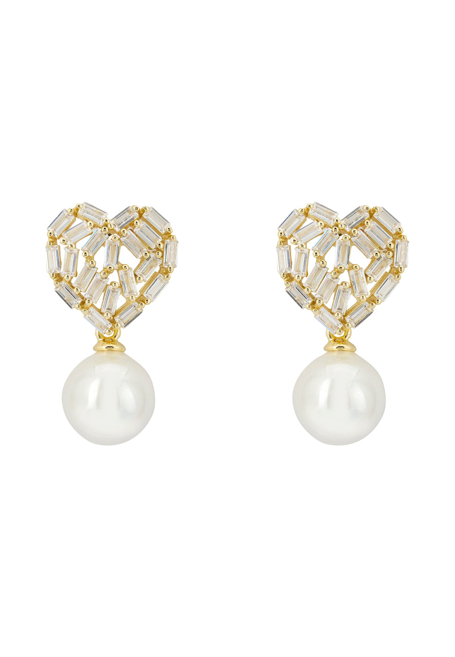 Baguette Heart Classic Pearl Drop Earrings Gold
