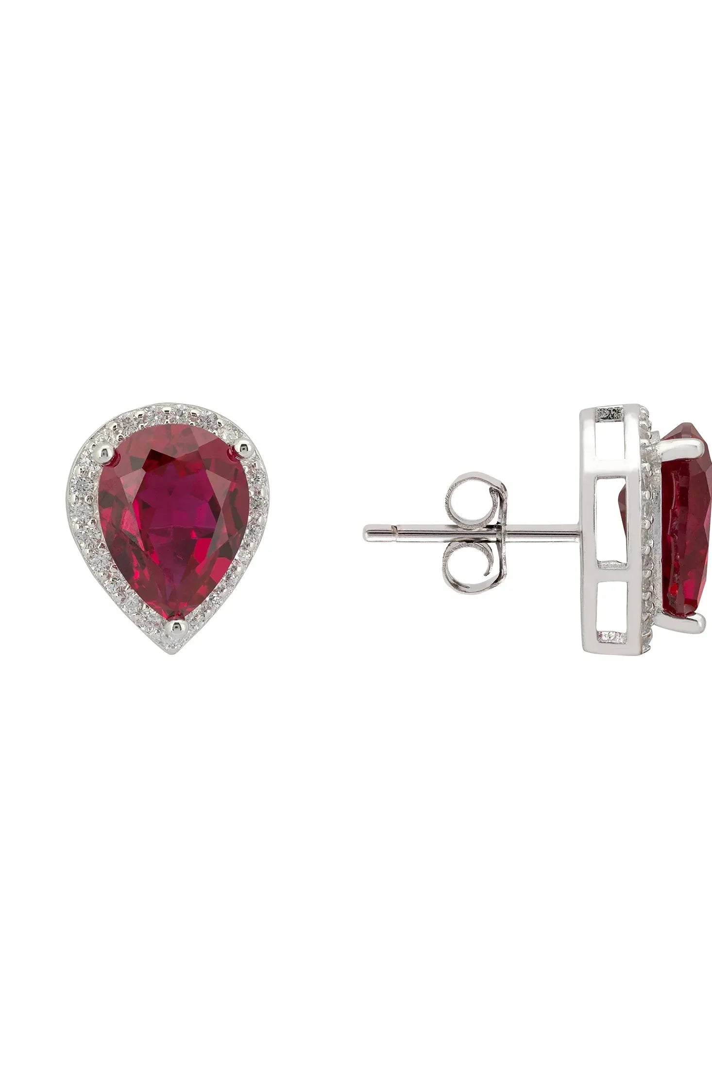 Angled view of Theodora Ruby Teardrop Gemstone Stud Earrings Silver, showing ruby detailing, silver finish and the jewellery profile.
