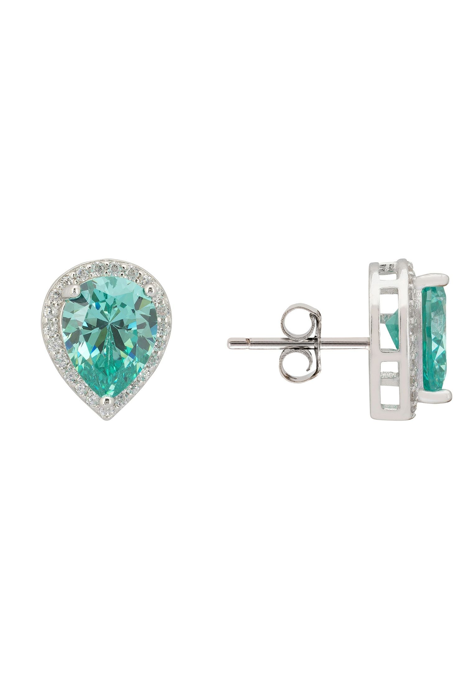 Angled view of Theodora Aquamarine Teardrop Gemstone Stud Earrings Silver, showing silver finish and the jewellery profile.