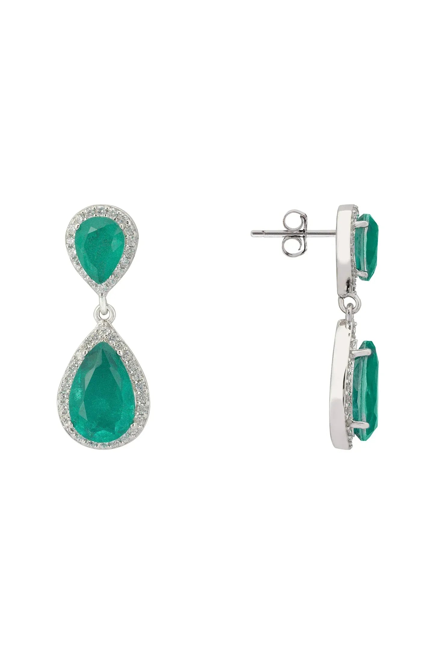 Angled view of Odette Teardrop Colombian Emerald Earrings Silver, showing emerald detailing, silver finish and the jewellery profile.