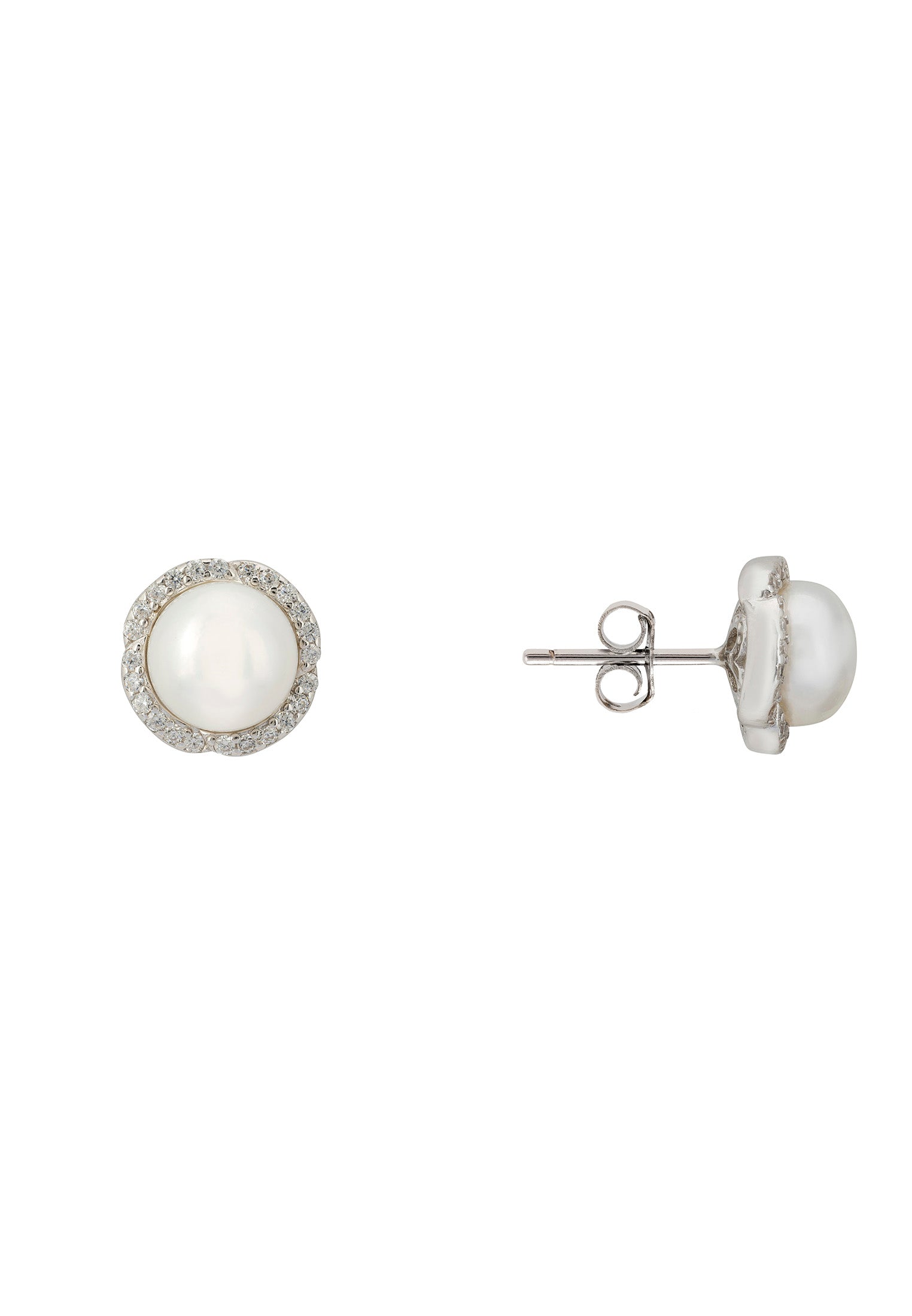 Fluted Bloom Pearl Stud Earrings Silver