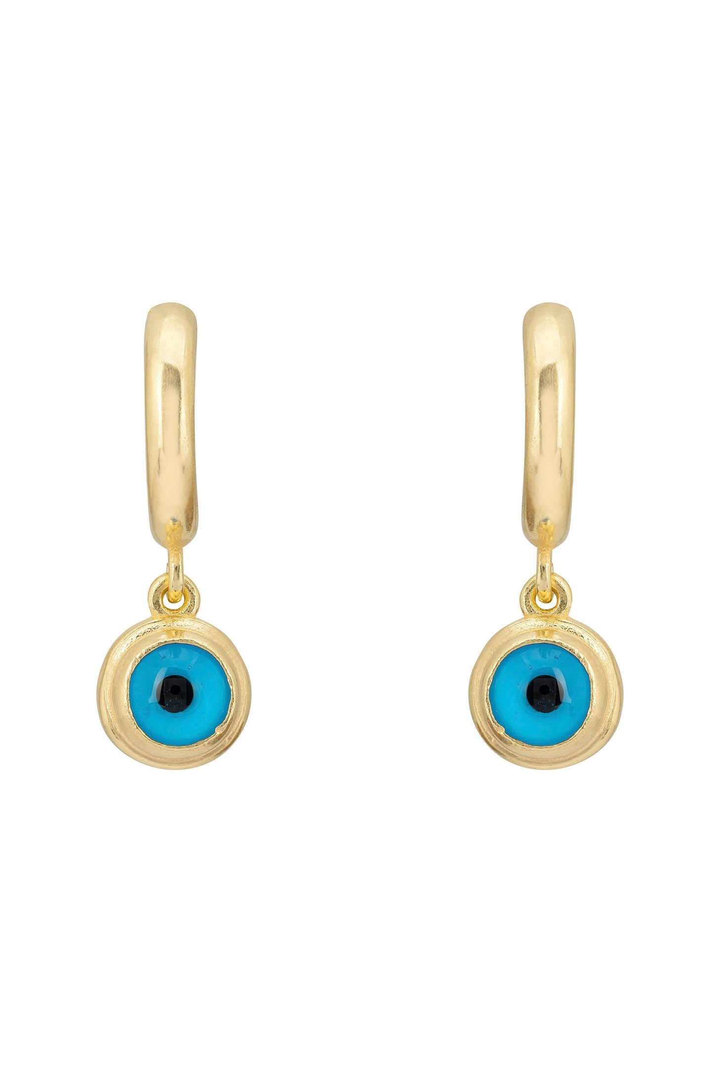 Front view of Evil Eye Drop Earrings Gold, showing evil eye design, gold finish.