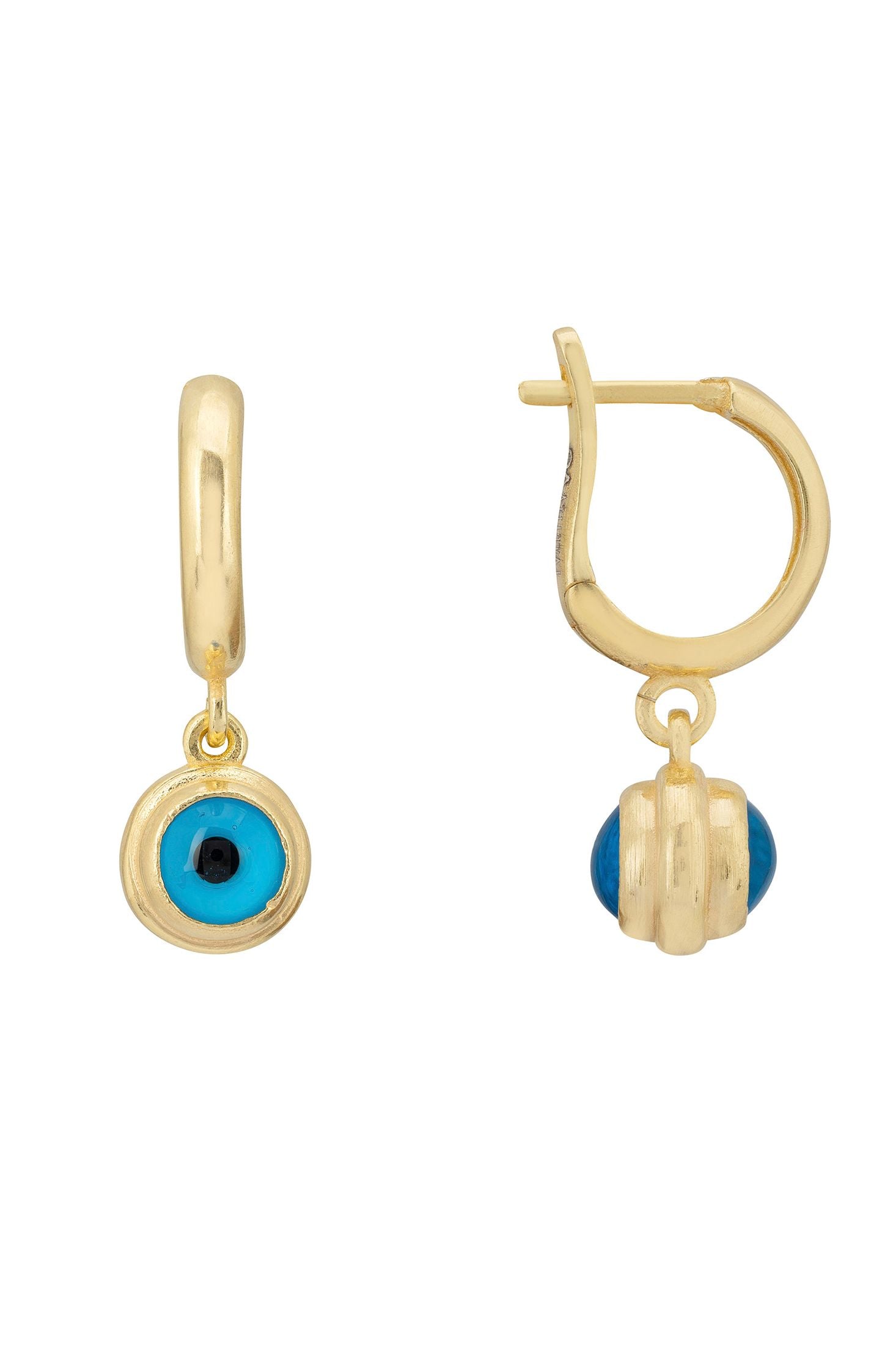 Angled view of Evil Eye Drop Earrings Gold, showing evil eye design, gold finish and the jewellery profile.