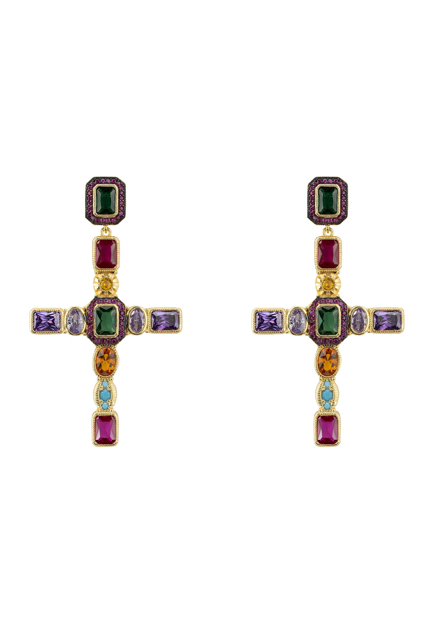 Santa Maria Extra Large Gemstone Cross Earrings Gold
