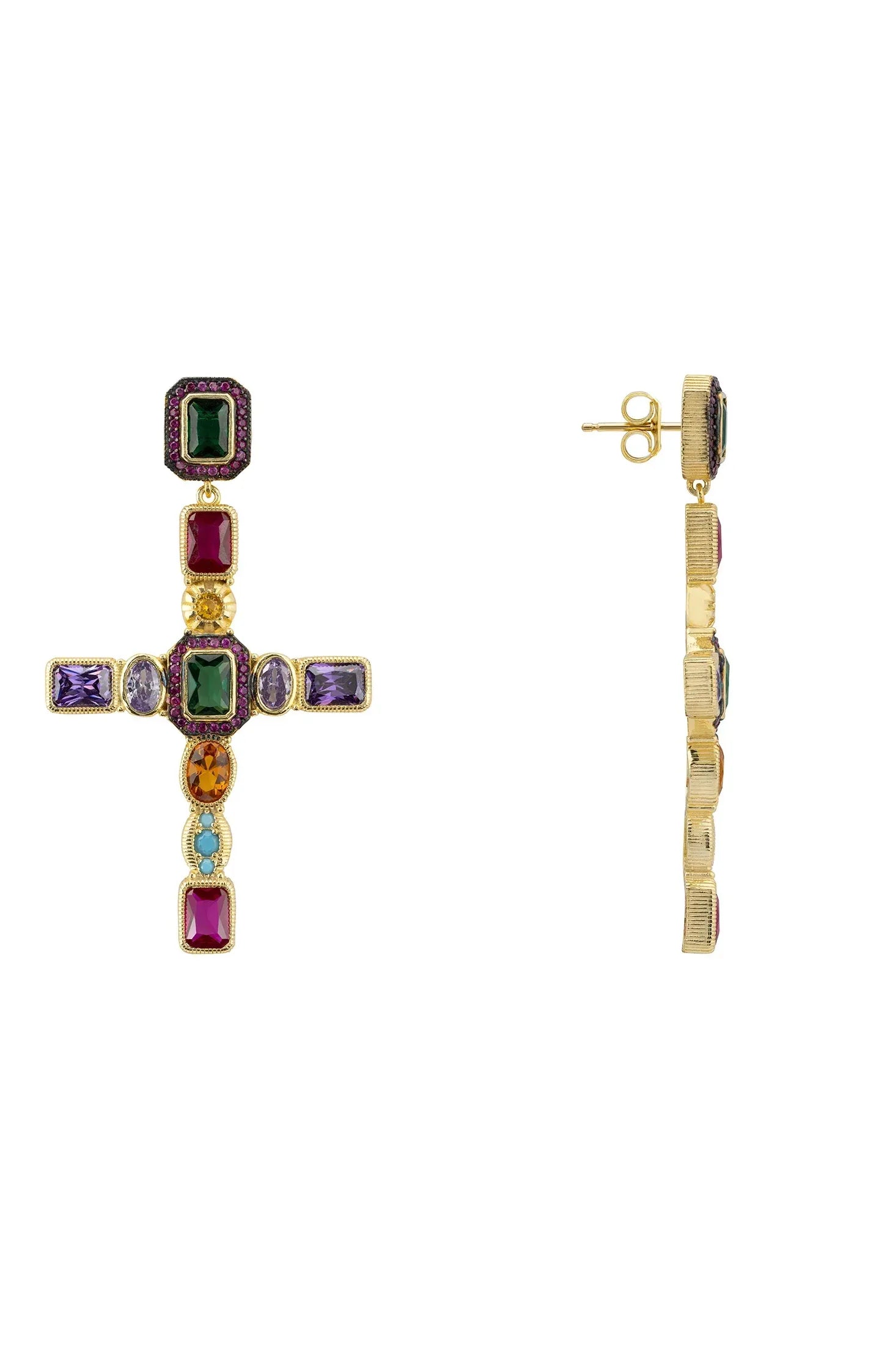 Angled view of Maria Extra Large Gemstone Fashion Earrings Gold (Cross), showing cross design, gold finish and the jewellery profile.