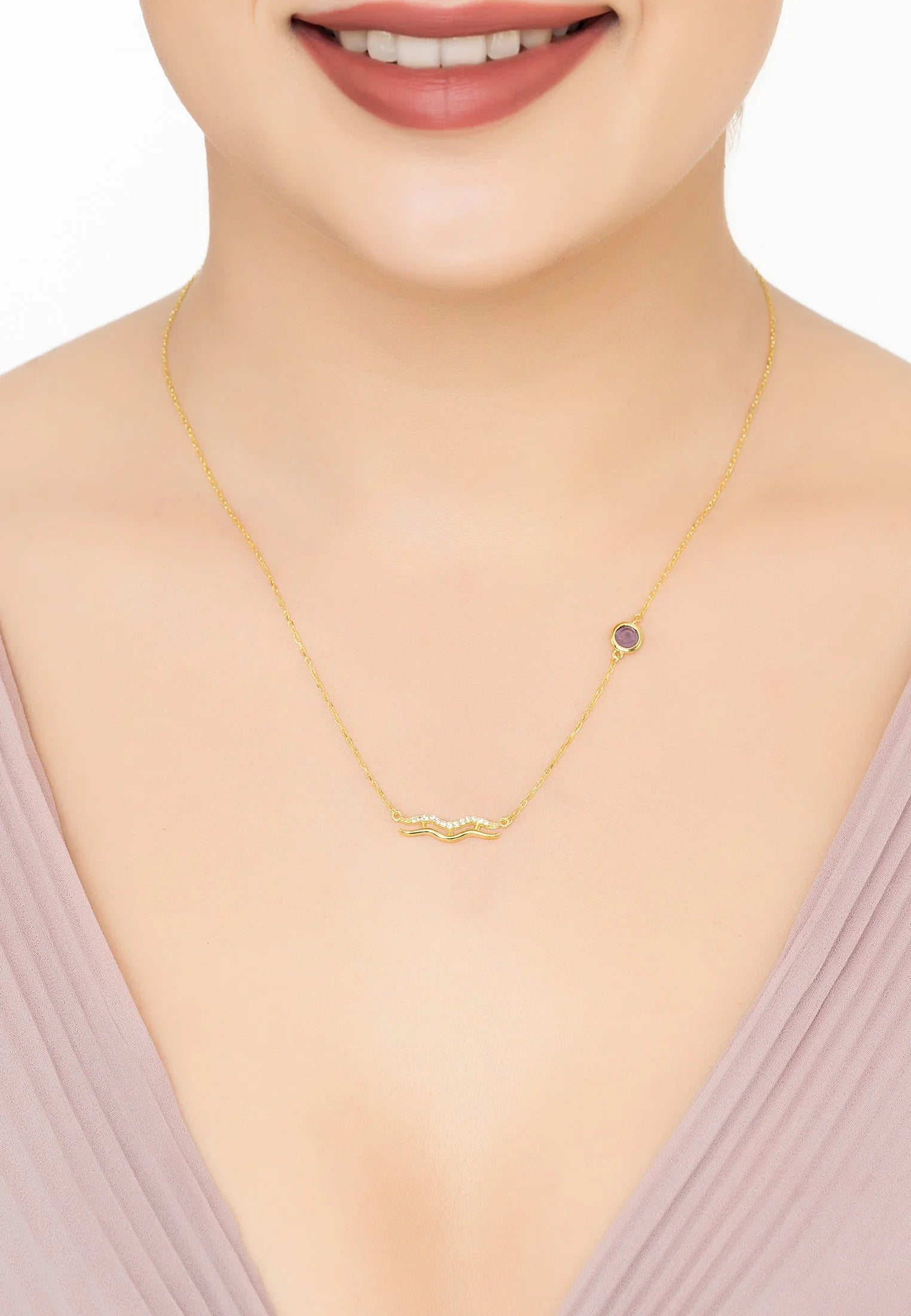 Zodiac Birthstone Aquarius Necklace Amethyst Gold