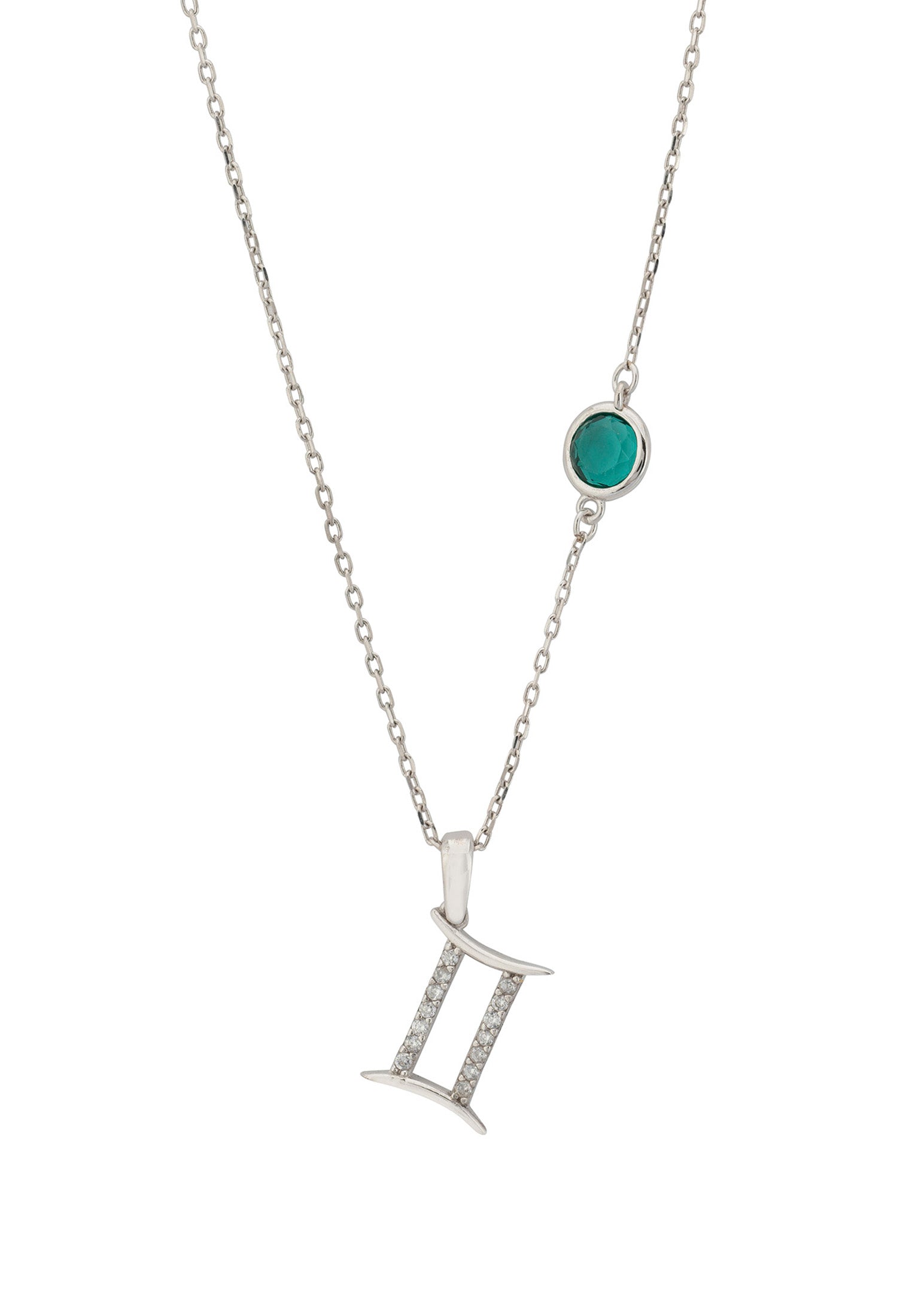 Zodiac Birthstone Gemini Necklace Emerald Silver