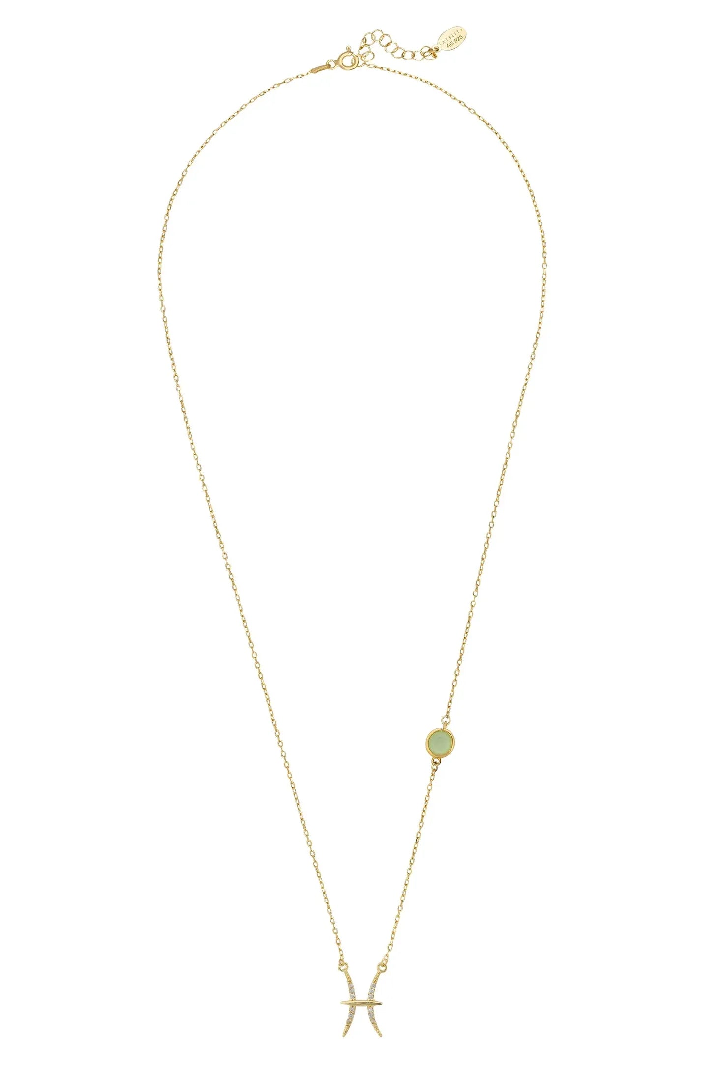 Angled view of Zodiac Birthstone Pisces Necklace Aqua Chalcedony Gold, showing zodiac design, aqua chalcedony and chalcedony detailing, gold finish and the jewellery profile.
