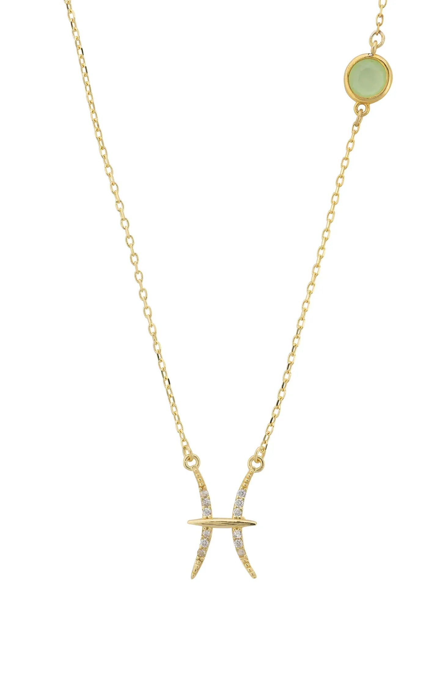 Front view of Zodiac Birthstone Pisces Necklace Aqua Chalcedony Gold, showing zodiac design, cubic zirconia and zirconia detailing, gold finish.