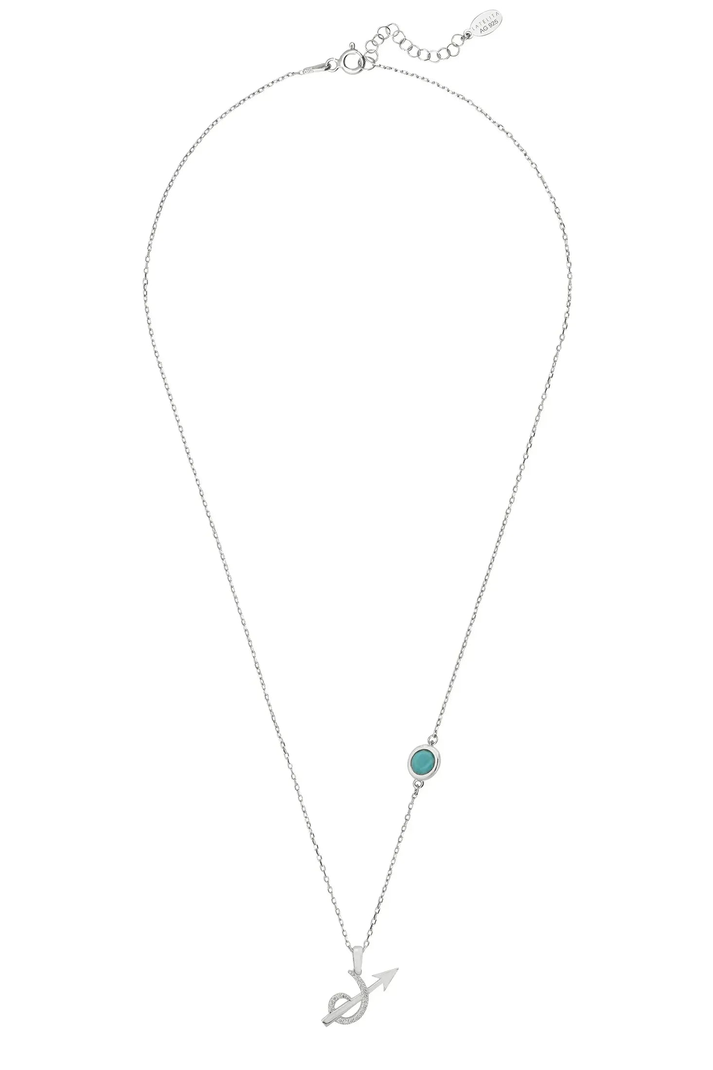 Angled view of Zodiac Birthstone Sagittarius Necklace Turquoise Silver, showing zodiac design, turquoise detailing, silver finish and the jewellery profile.
