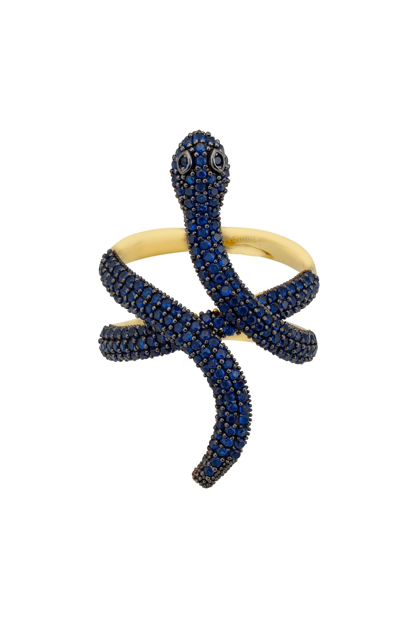 Angled view of Serpentina Snake Cocktail Ring Gold Sapphire CZ, showing snake design, sapphire detailing, gold finish and the jewellery profile.