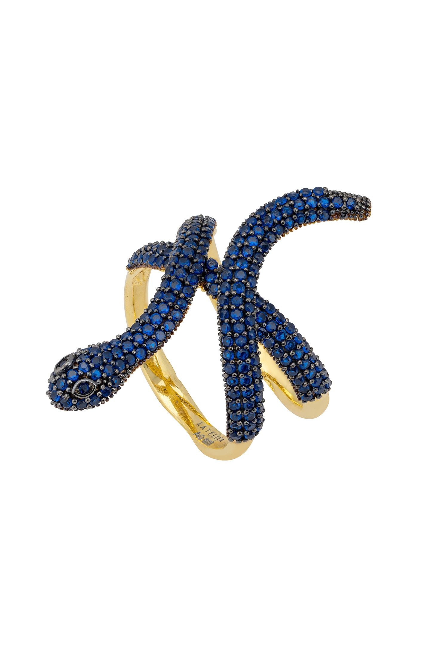 Front view of Serpentina Snake Cocktail Ring Gold Sapphire CZ, showing snake design, sapphire detailing, gold finish.