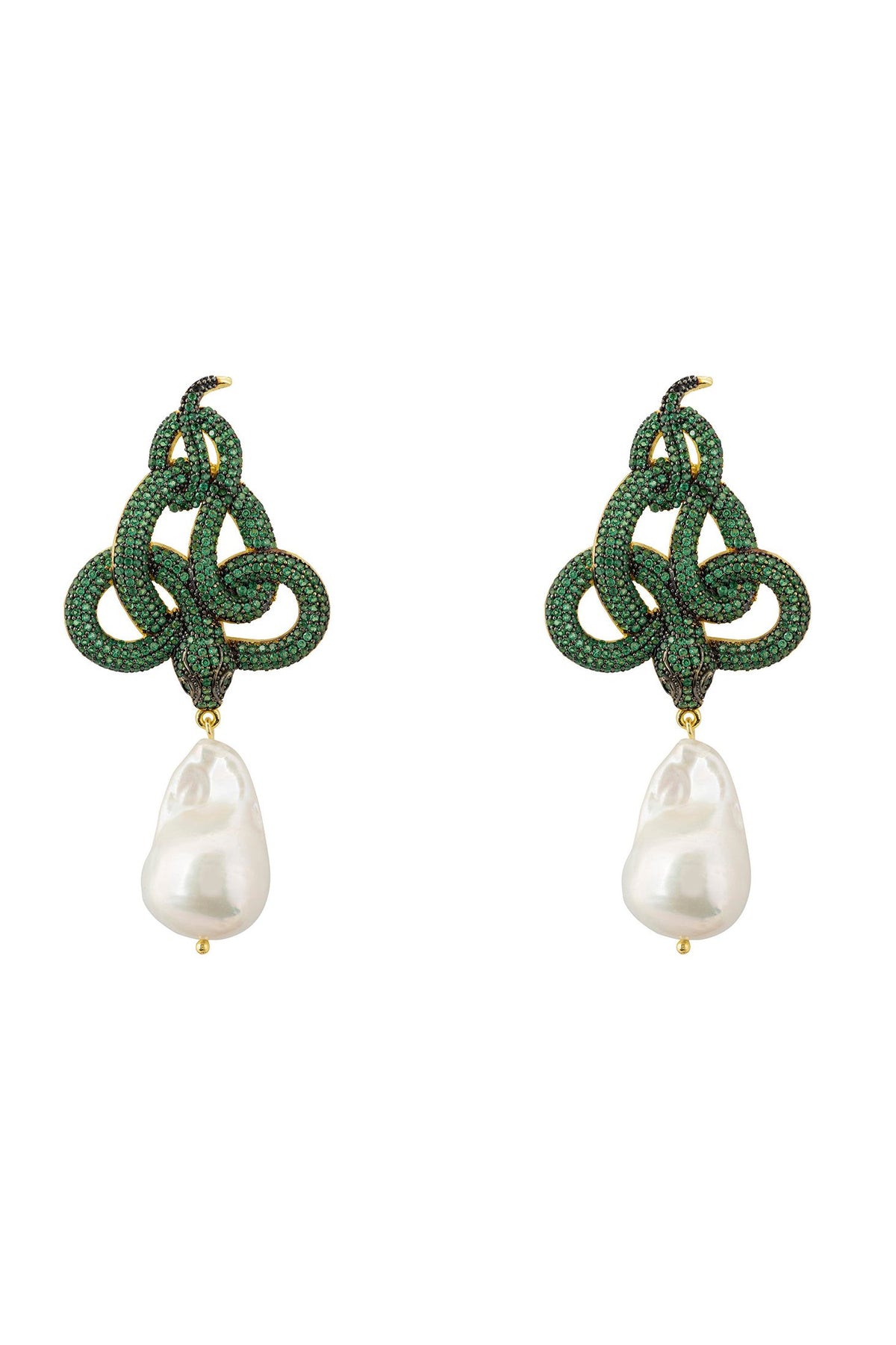 Front view of Viper Snake Baroque Pearl Drop Earrings Gold Emerald CZ, showing snake design, zirconia and baroque pearl detailing, gold finish.