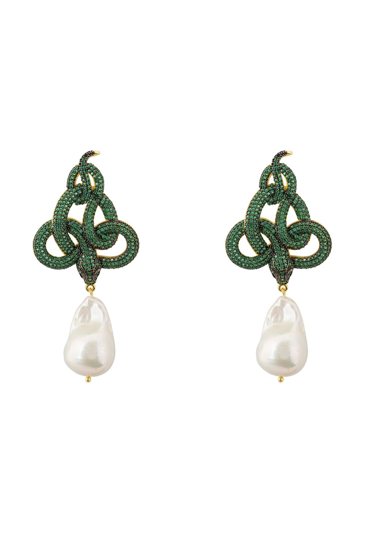 Viper Snake Baroque Pearl Drop Earrings Gold Emerald CZ