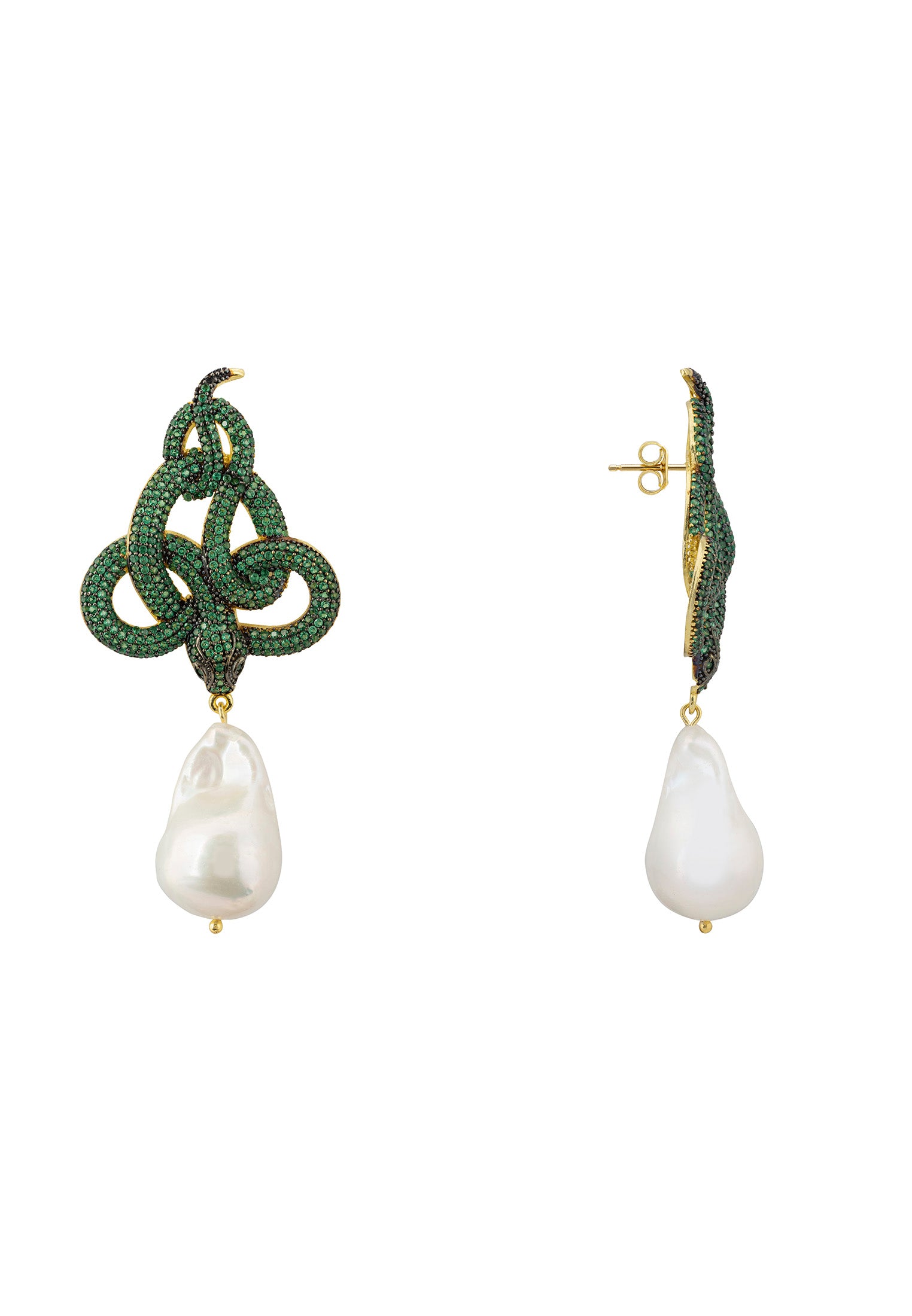 Viper Snake Baroque Pearl Drop Earrings Gold Emerald CZ