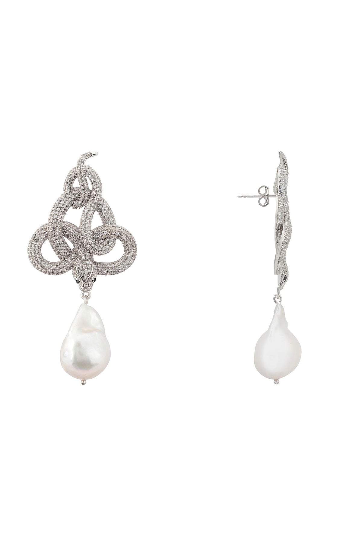 Angled view of Viper Snake Baroque Pearl Drop Earrings Silver White CZ, showing snake design, baroque pearl and pearl detailing, silver finish and the jewellery profile.