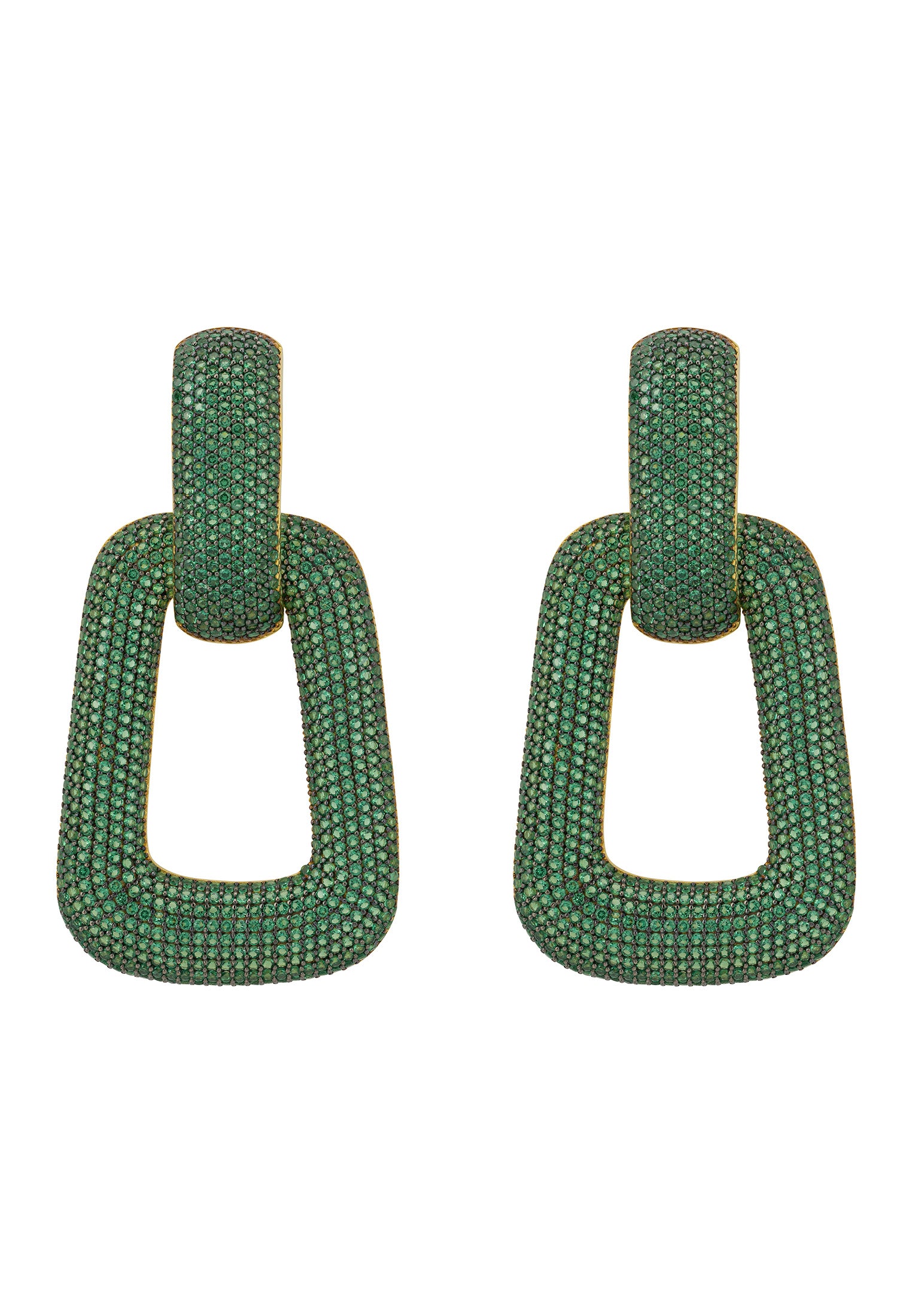 Geo Trapezoid Link Drop Earrings Gold Emerald CZ