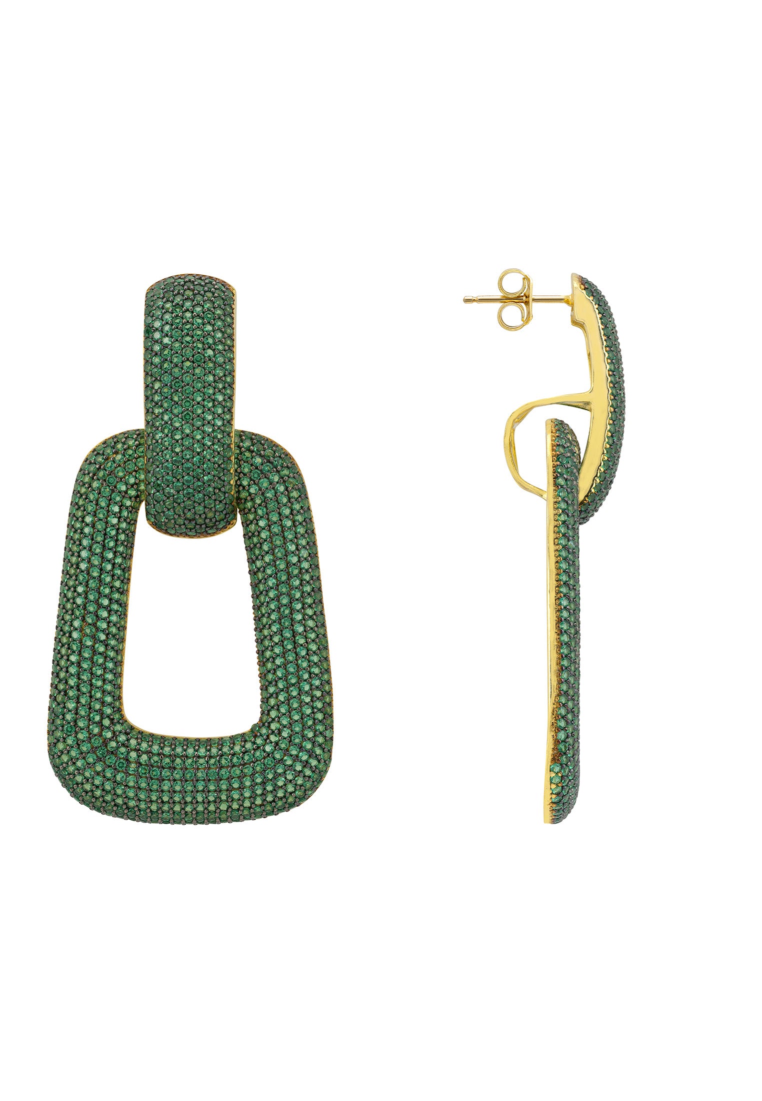 Geo Trapezoid Link Drop Earrings Gold Emerald CZ