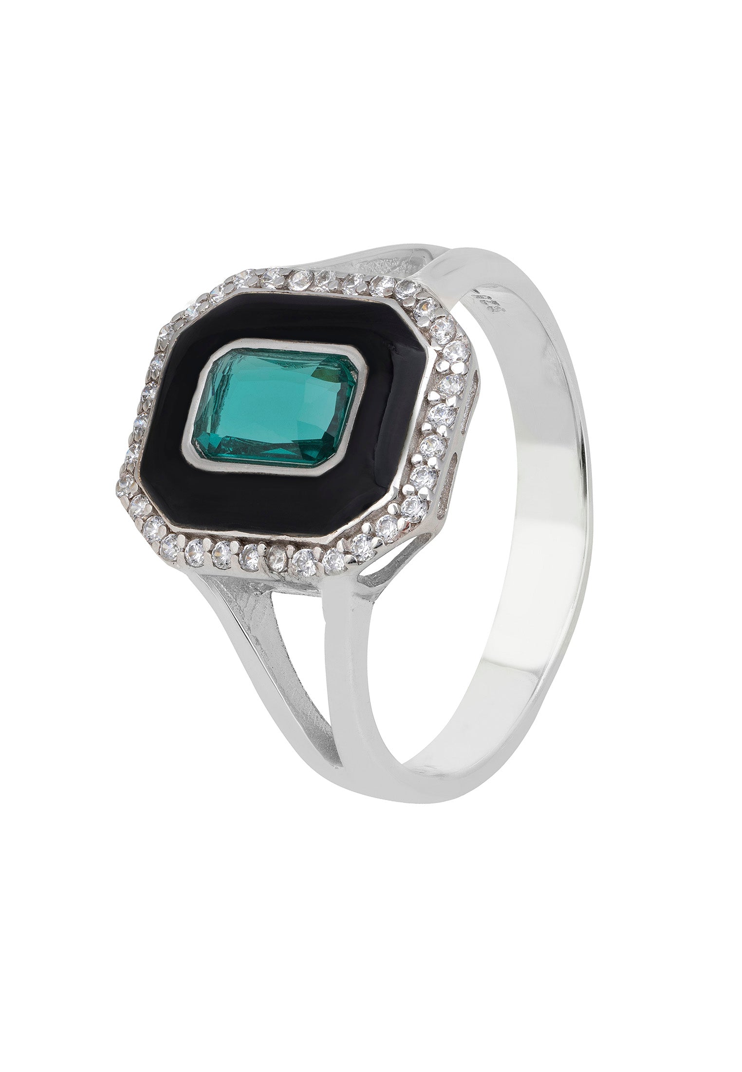 Art Deco Emerald And Enamel Cocktail Ring Silver