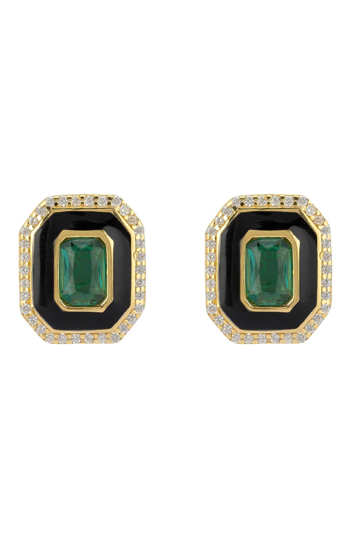 Front view of Art Deco Emerald And Enamel Stud Earrings Gold, showing cat design, cubic zirconia and zirconia detailing, gold finish.