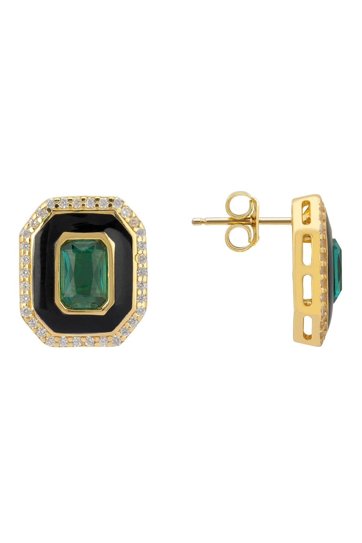 Angled view of Art Deco Emerald And Enamel Stud Earrings Gold, showing emerald detailing, gold finish and the jewellery profile.