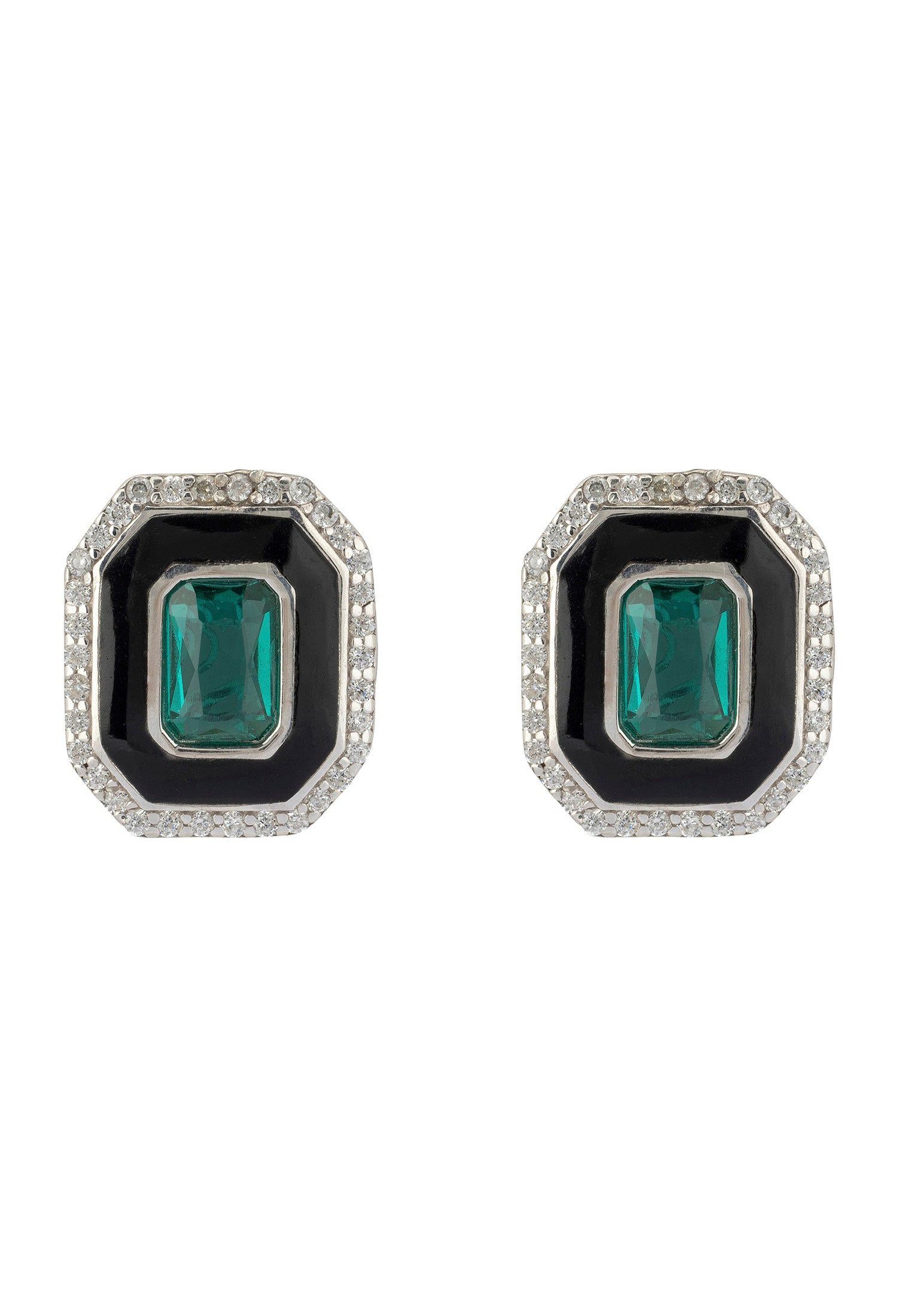 Art Deco Emerald And Enamel Stud Earrings Silver