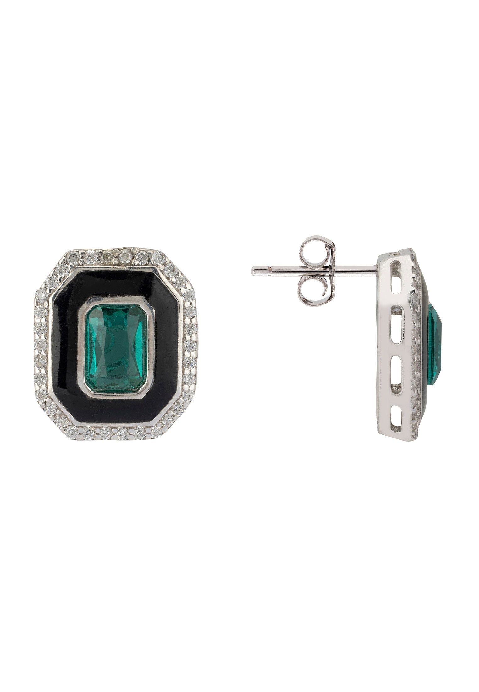 Art Deco Emerald And Enamel Stud Earrings Silver