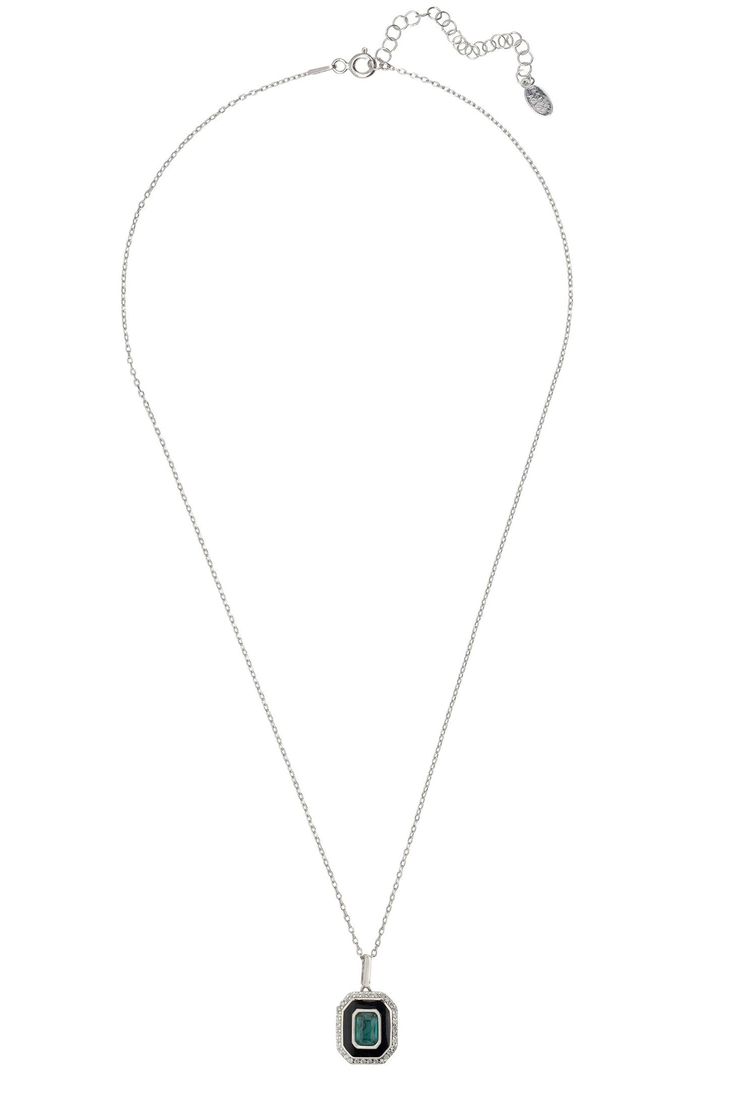 Angled view of Art Deco Emerald And Enamel Pendant Necklace Silver, showing emerald detailing, silver finish and the jewellery profile.