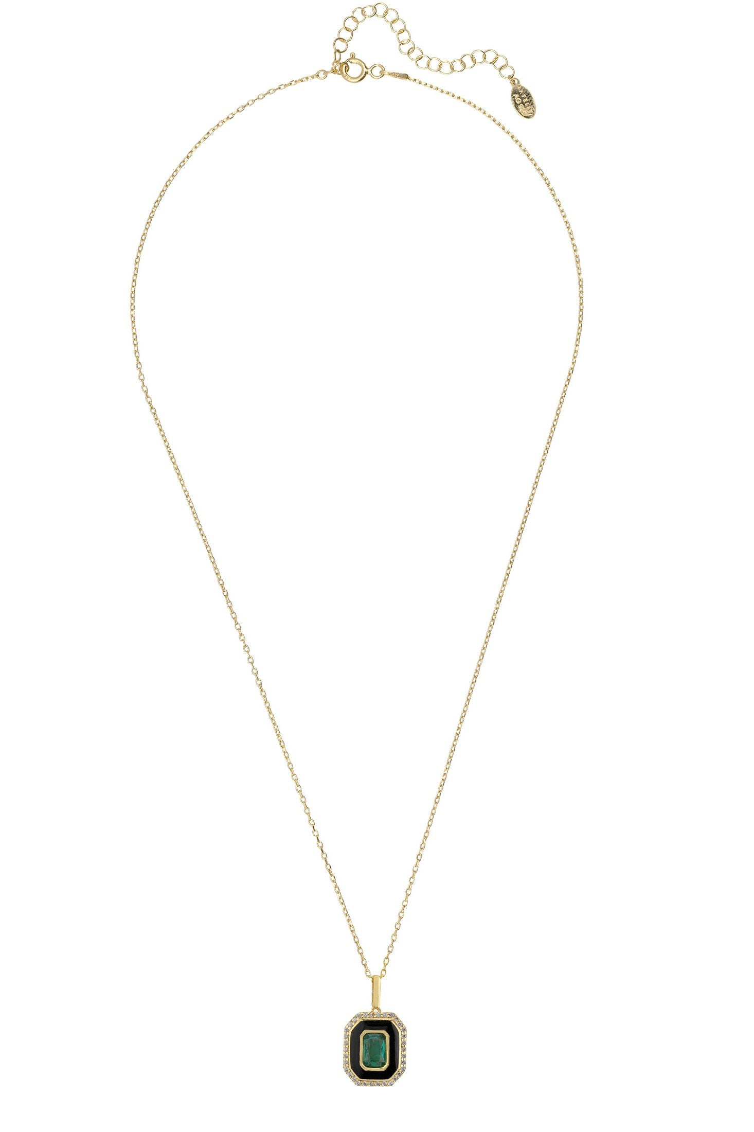 Angled view of Art Deco Emerald And Enamel Pendant Necklace Gold, showing emerald detailing, gold finish and the jewellery profile.