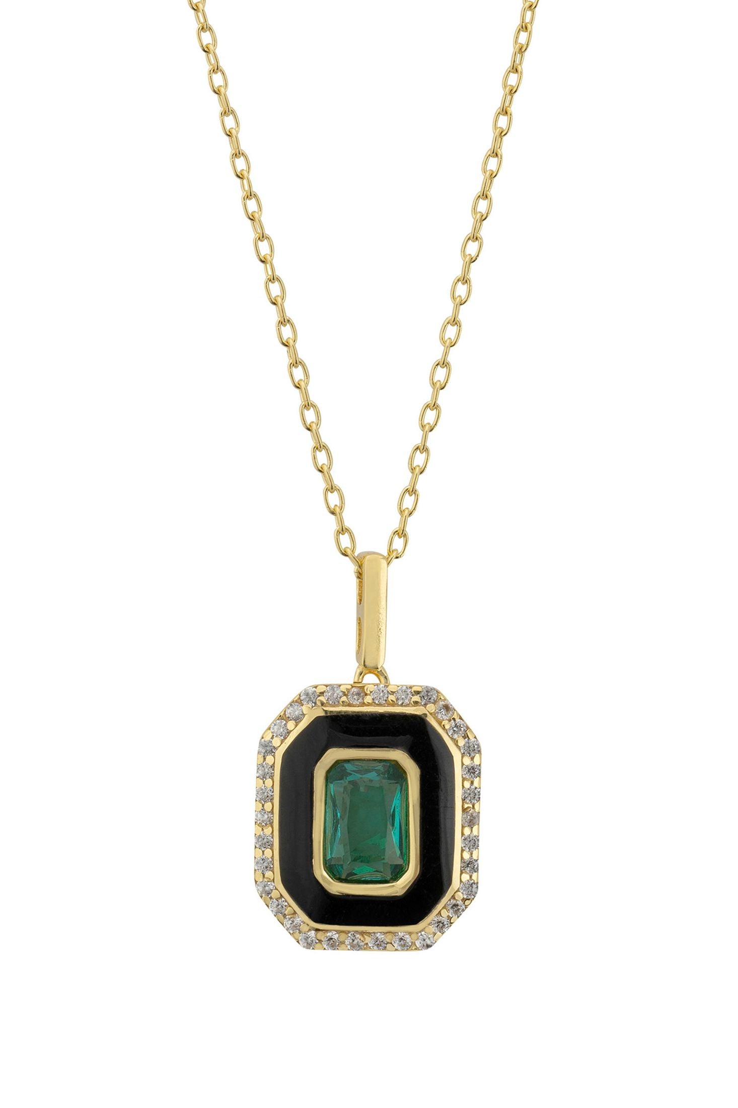 Front view of Art Deco Emerald And Enamel Pendant Necklace Gold, showing heart design, cubic zirconia and zirconia detailing, gold finish.