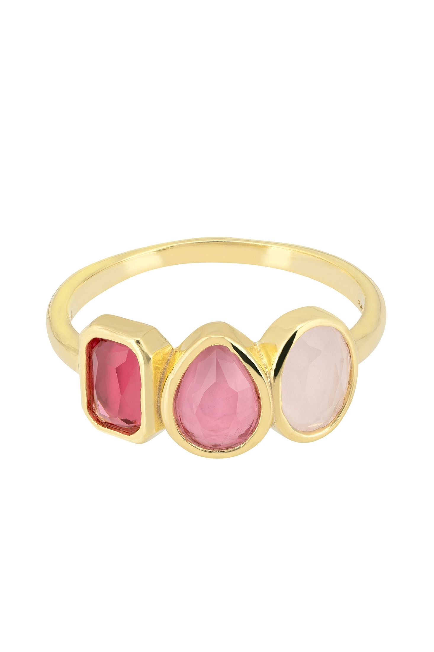 Angled view of Verona Triple Gemstone Ring Gold The Pinks, showing gold finish and the jewellery profile.